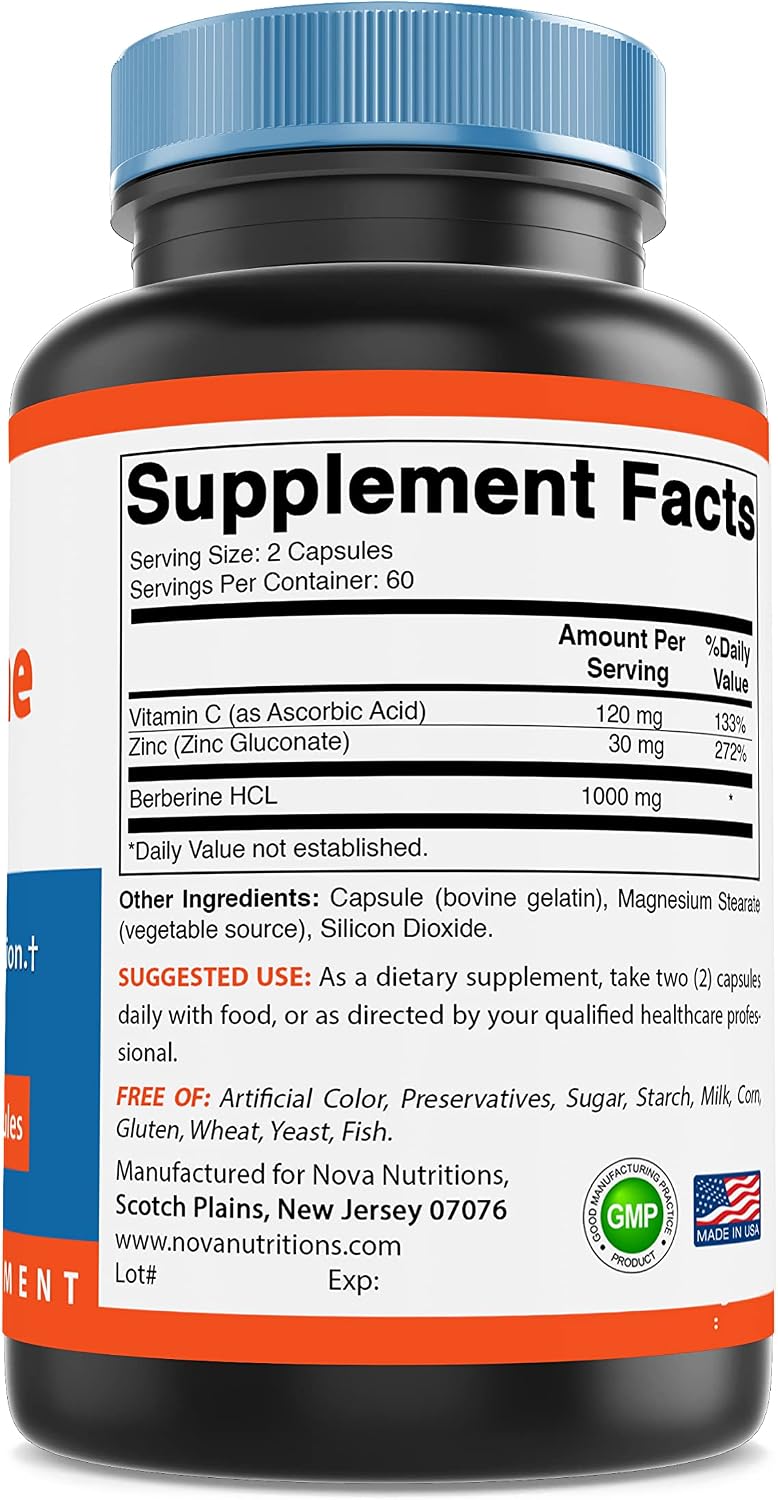 Nova Nutritions Berberine Plus 1000 mg per Serving (Non-GMO) 120 Capsules
