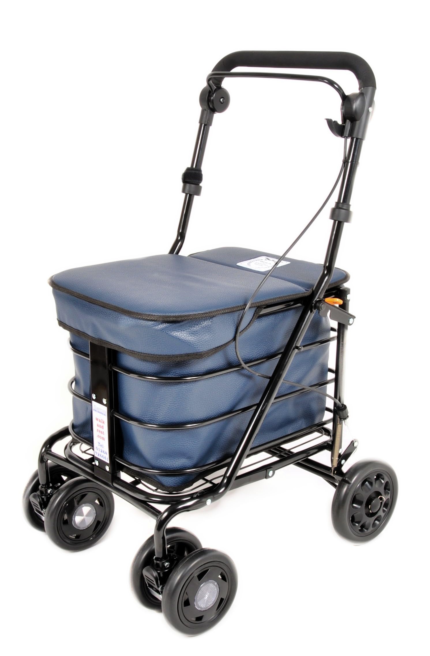 Walk And Rest Navy Walking Trolley/Shopping Trolley With Seat/Seated Mobility Trolley/Stroller/Rollator (Fully Assembled Ready To Use!) Folding With Handbrake 6 Wheels And Seat (Navy)