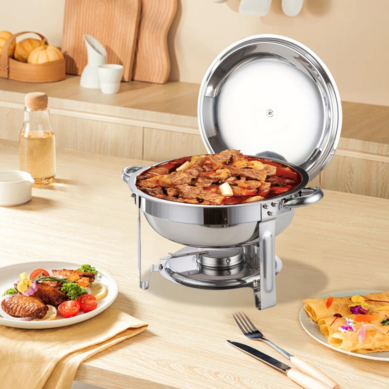 Chafing Dish Buffet - Set di 2 ciotole rotonde in acciaio inox con porta coperchio, design impilabile per feste, Natale, eventi di catering