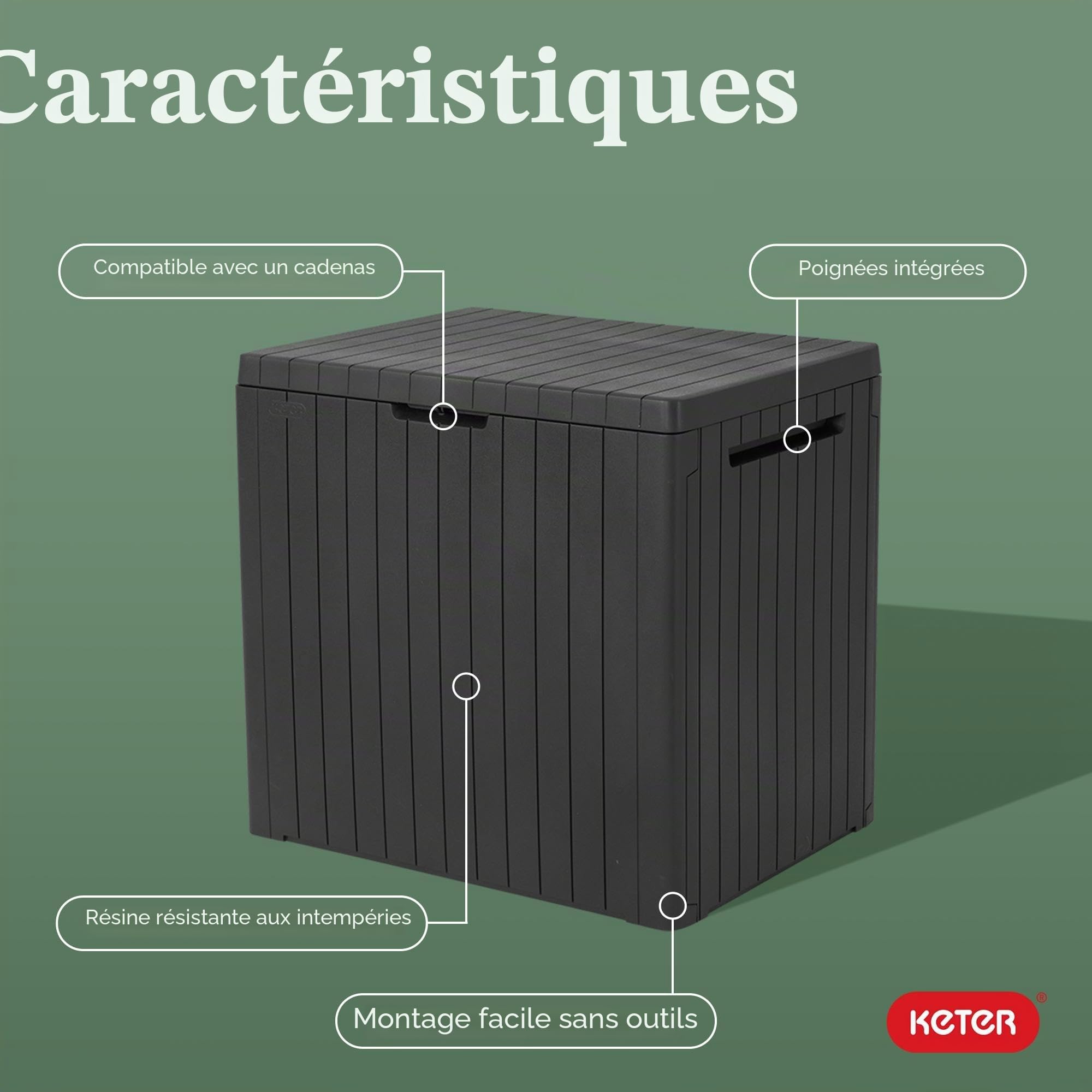Keter City Boîte de terrasse en résine pour meubles de terrasse, accessoires de piscine et rangement pour jouets d'extérieur, gris foncé 100 l