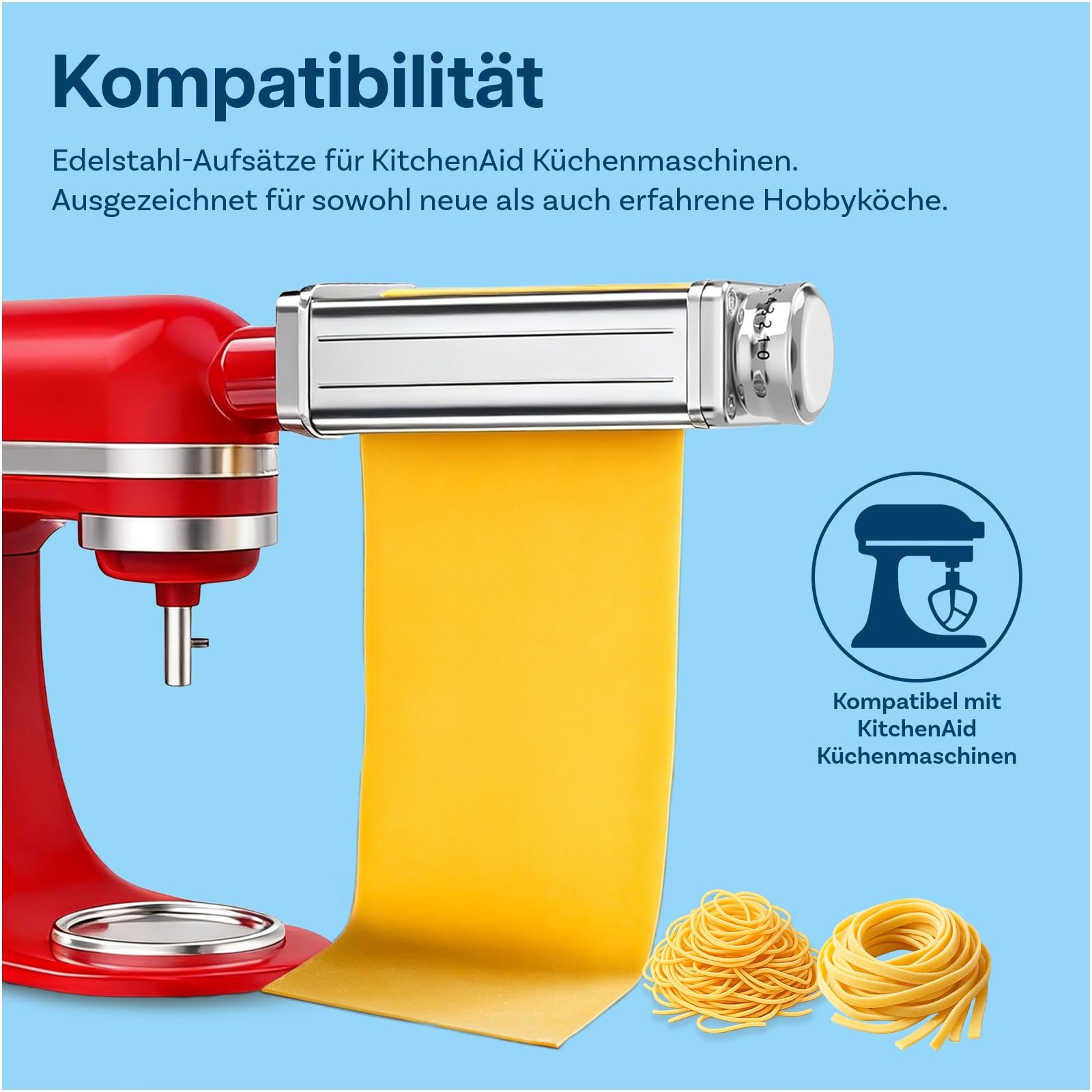 Nudelaufsatz für KitchenAid Küchenmaschine 3-teilig – Pasta Roller, Spaghettischneider & Fettuccineschneider – Edelstahl Aufsätze - Küchenmaschinen Zubehör für KitchenAid von MMOBIEL