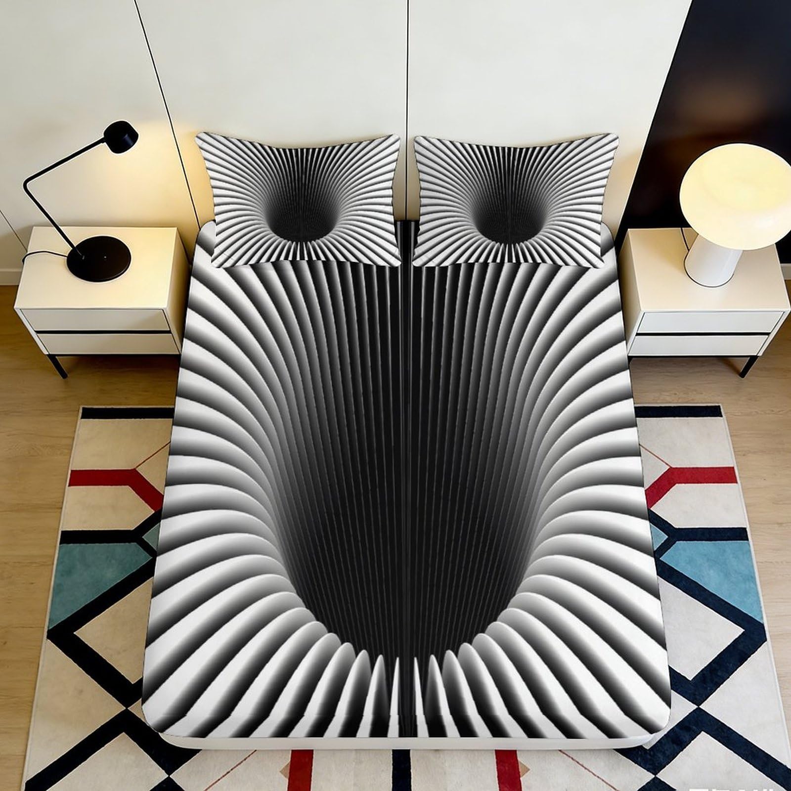 3D Printed Optical Illusion Fitted Sheet Microfiber Soft Black White Vortex Bed Cover for Bedroom Dorm Decor 90x200x25cm
