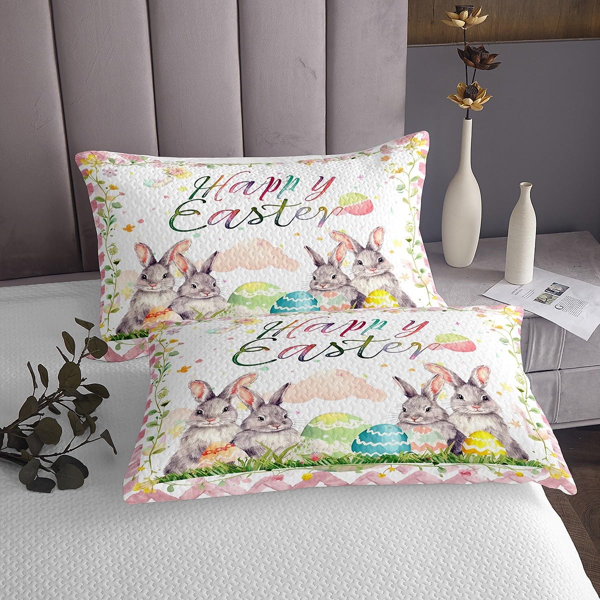 Wesołych Świąt Wielkanocnych Kołdra dla dzieci i chłopców, akwarela, uroczy królik z nadrukiem jajek, zestaw do sypialni, miękka pikowana, Kawaii Lovely Leaves, różowa kołdra z 1 poduszką Sham
