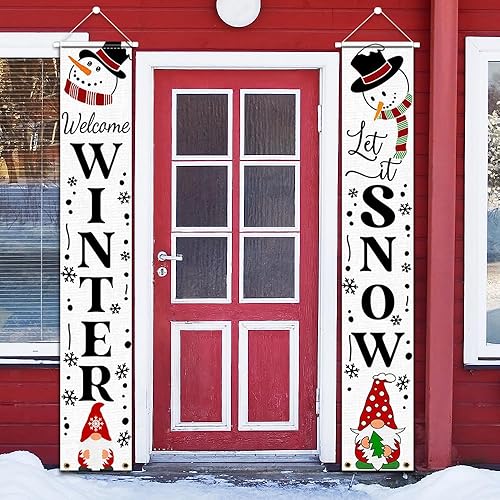 Miniatura 3 de Decoración navideña con texto en inglés "Welcome Winter & Let it Snow", letrero de porche de gnomo, muñeco de nieve, pancarta azul colgante de
