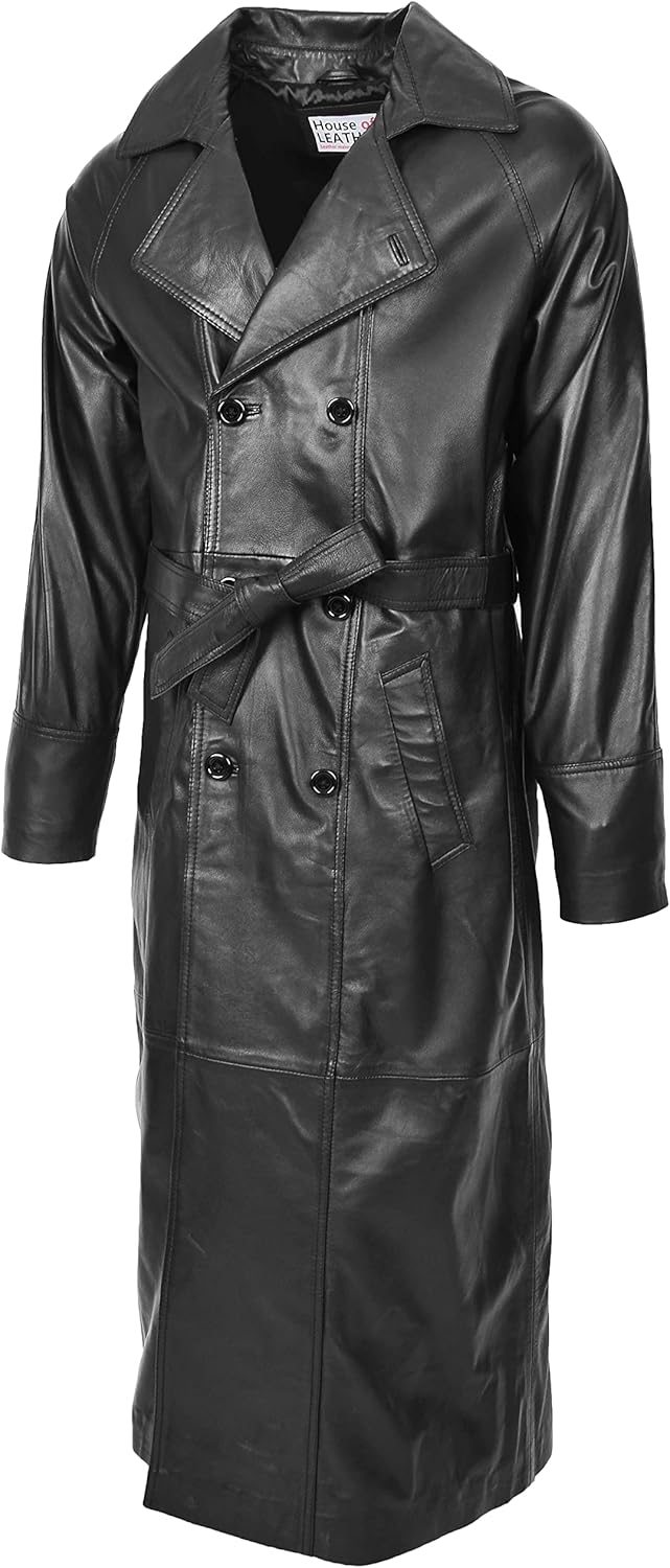 Mens Real Leather Full Length Coat Double Breasted Trench Pete Black (2XL)