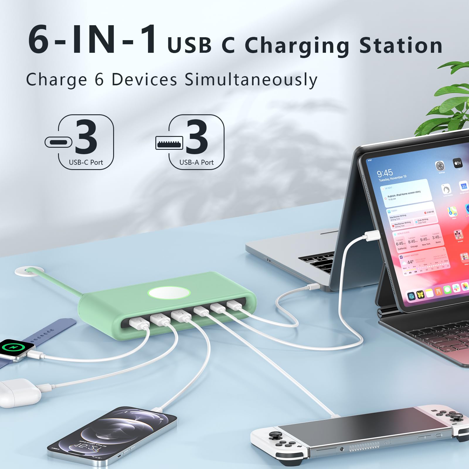 VPSUN 145W USB C Charging Station for Multiple Devices,6 Port USB C Hub Charger,Multi USB Charger Block for Laptop MacBook,HP,iPad,iPhone,Samsung(Green, 145w)