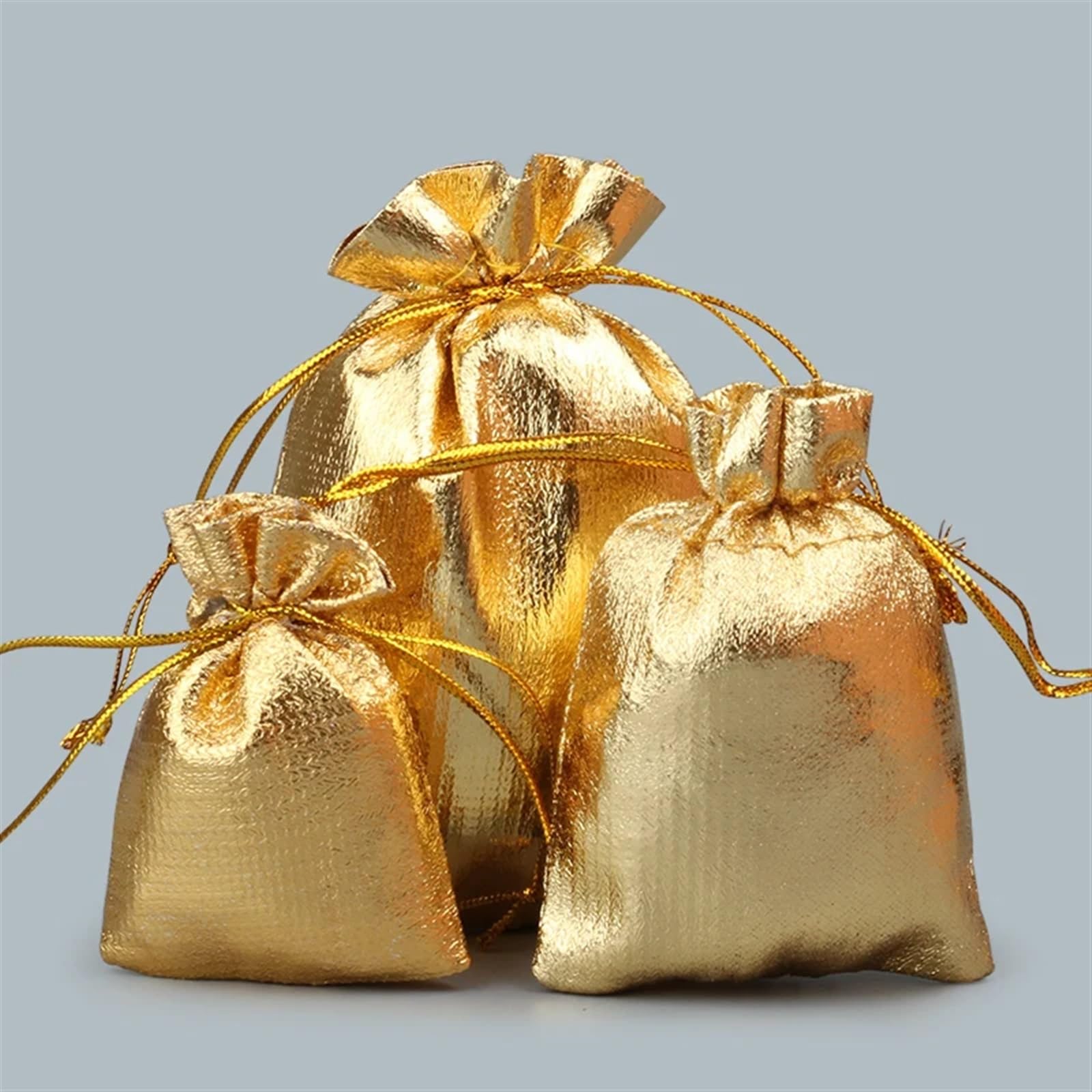 Geschenkbeutel 10/50/100 Stück Gold Silber Organza Beutel Schmuck Verpackung Tasche Hochzeit Party Zugunsten Süßigkeiten Taschen Zugunsten Beutel Kordelzug Geschenktüten(Gold bag,9X12CM_100PCS)