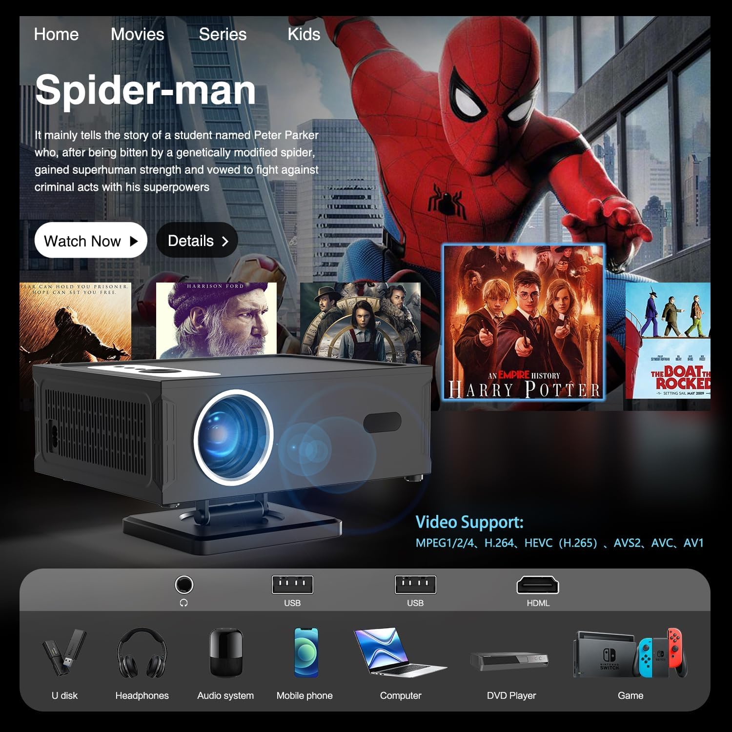 Teuyau beamer Full HD 1080P Support 4K, Smart Projector