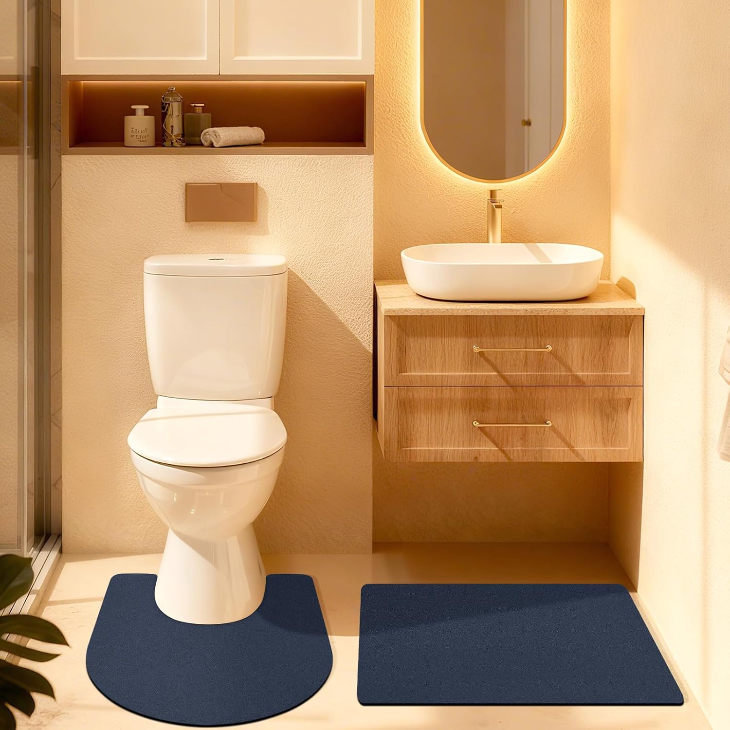 Ultra Thin Bath Mat, Upgrade Backing Non Slip Thin Bath Mats Fit Under Door, Quick Dry Ultra Absorbent Bathroom Rugs, Machine Washable Bath Rugs for Bathroom, Bathtub, Dark Blue/Solid/2 Piece - Image 3