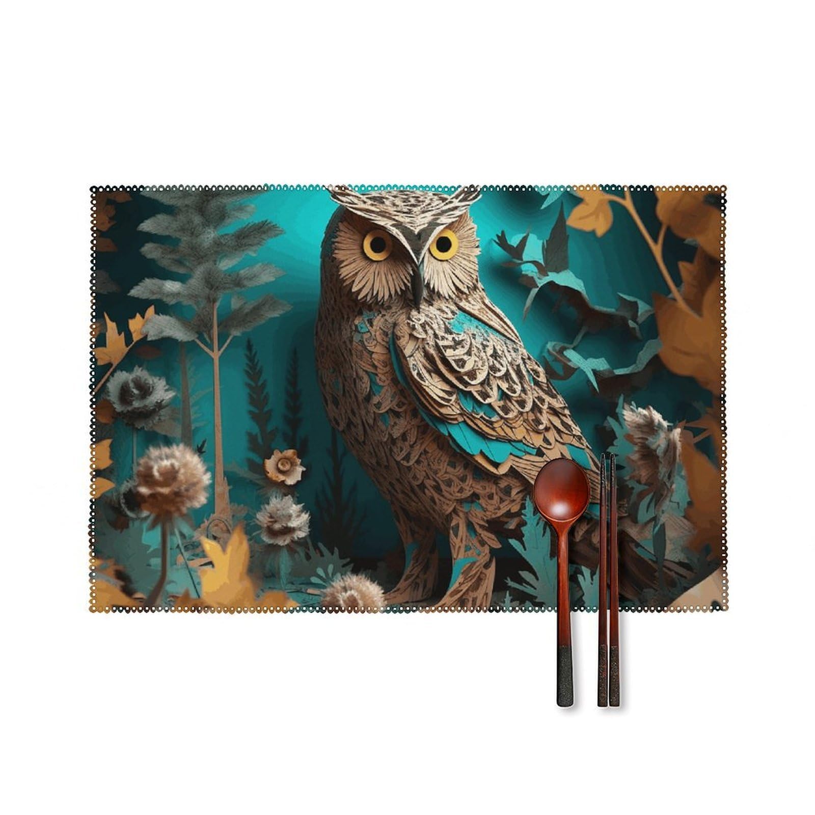 Owl Placemats Set of 6, 12x18 Inch Heat Resistant Washable Canvas Table Mats, Stain Resistant Decorative Dining Placemats for Kitchen, Restaurant, Outdoor Party