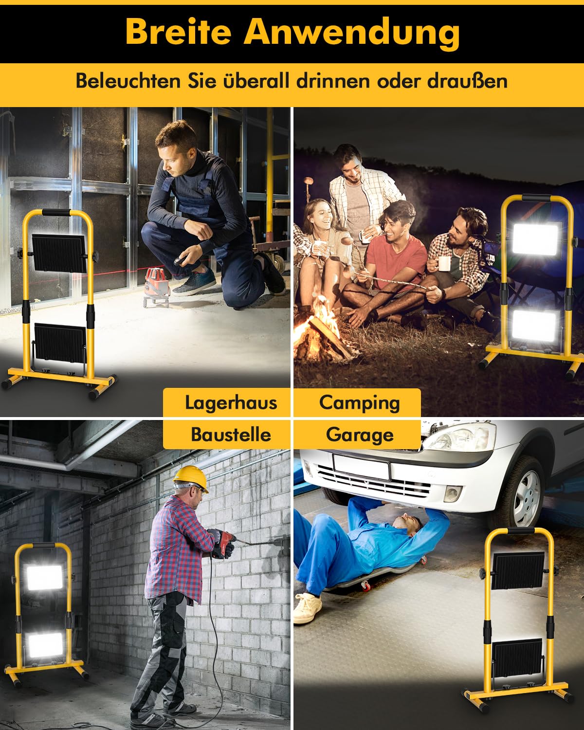 Baustrahler LED mit Einstellbar Stativ 200W,20000LM Baustellenlampe mit 3M Kabel Stecker und Schalter,6500K Kaltweiß LED Arbeitsleuchte,IP66 Wasserdicht Tragbar Baulampe für Werkstatt Baustelle