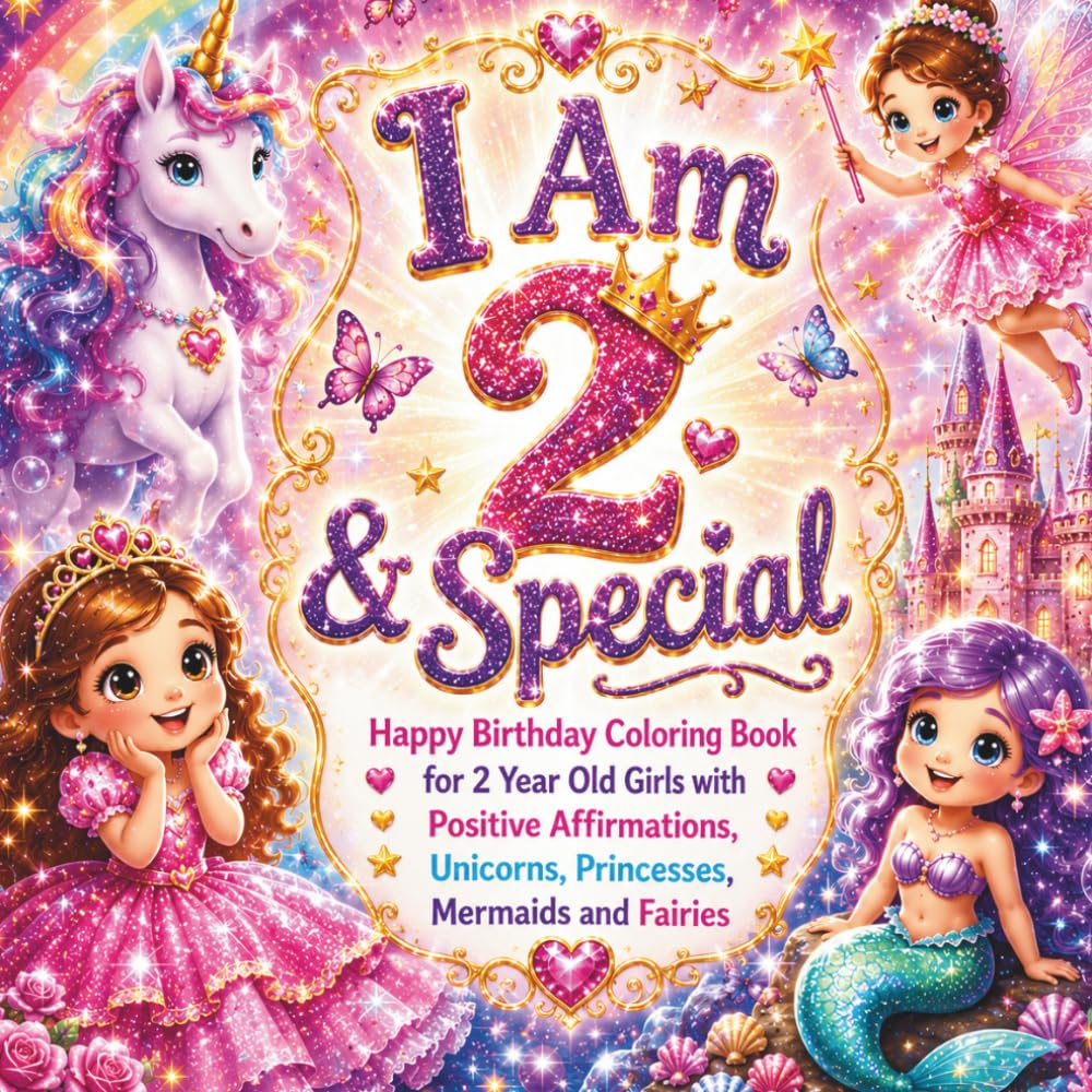 I Am 2 & Special: Happy Birthday Coloring Book for 2 Year Old Girls with Positive Affirmations, Unicorns, Princesses, Mermaids and Fairies