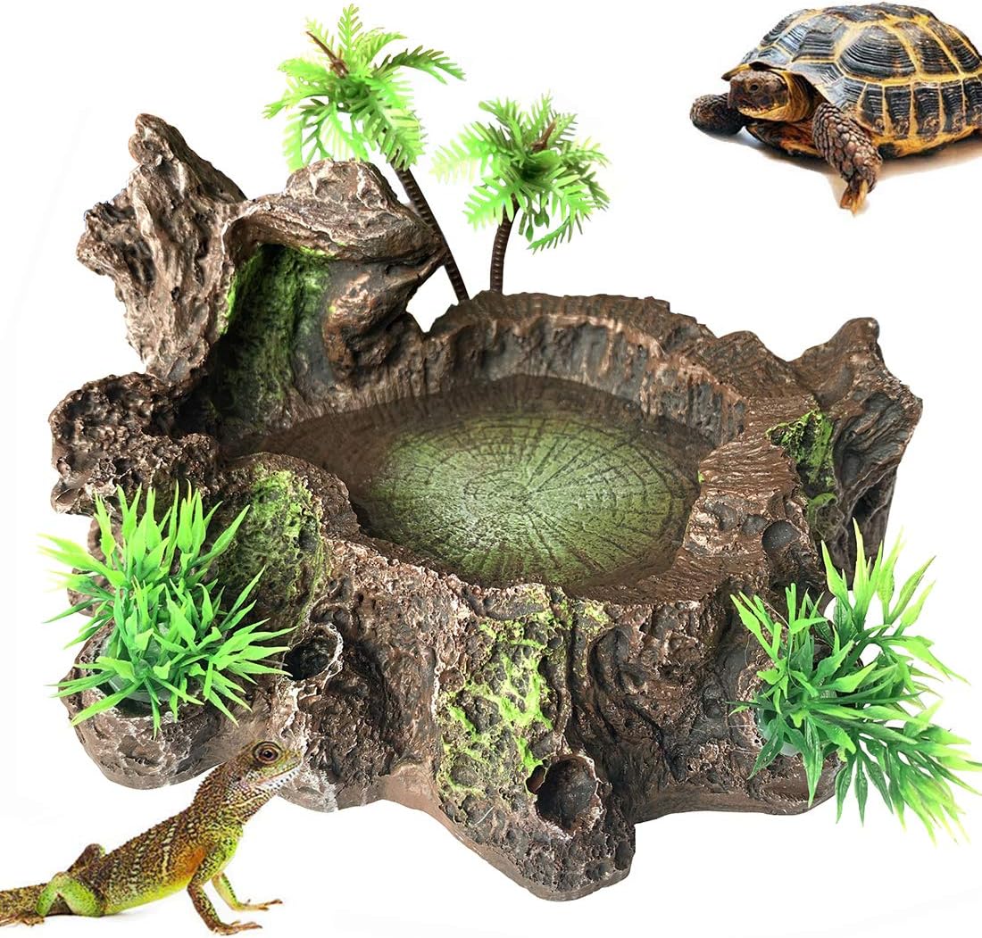 Reptile Water Dish, Bearded Dragon Water Bowl, Resin Reptile Platform with Artificial Plants Food Water Dish Bowl for Bearded Dragon, Crested Gecko, Hermit Crab, Snake (Smooth)