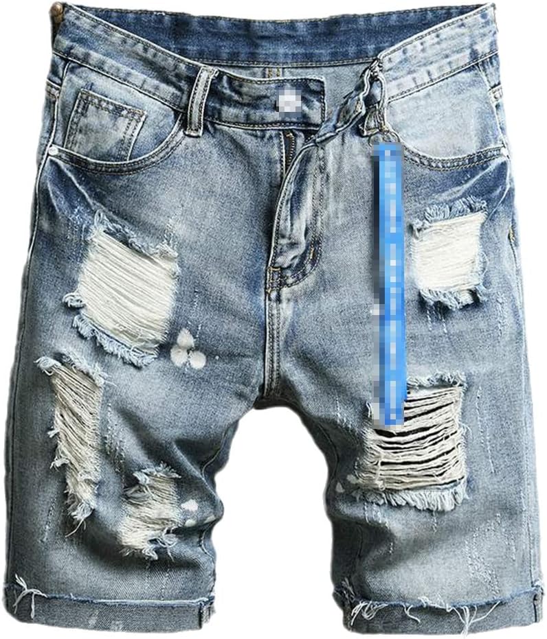 KEHAIOO Male Holes Jeans Shorts, Straight Fit Cotton Jean Shorts Pants, Light Blue Denim Shorts for Men