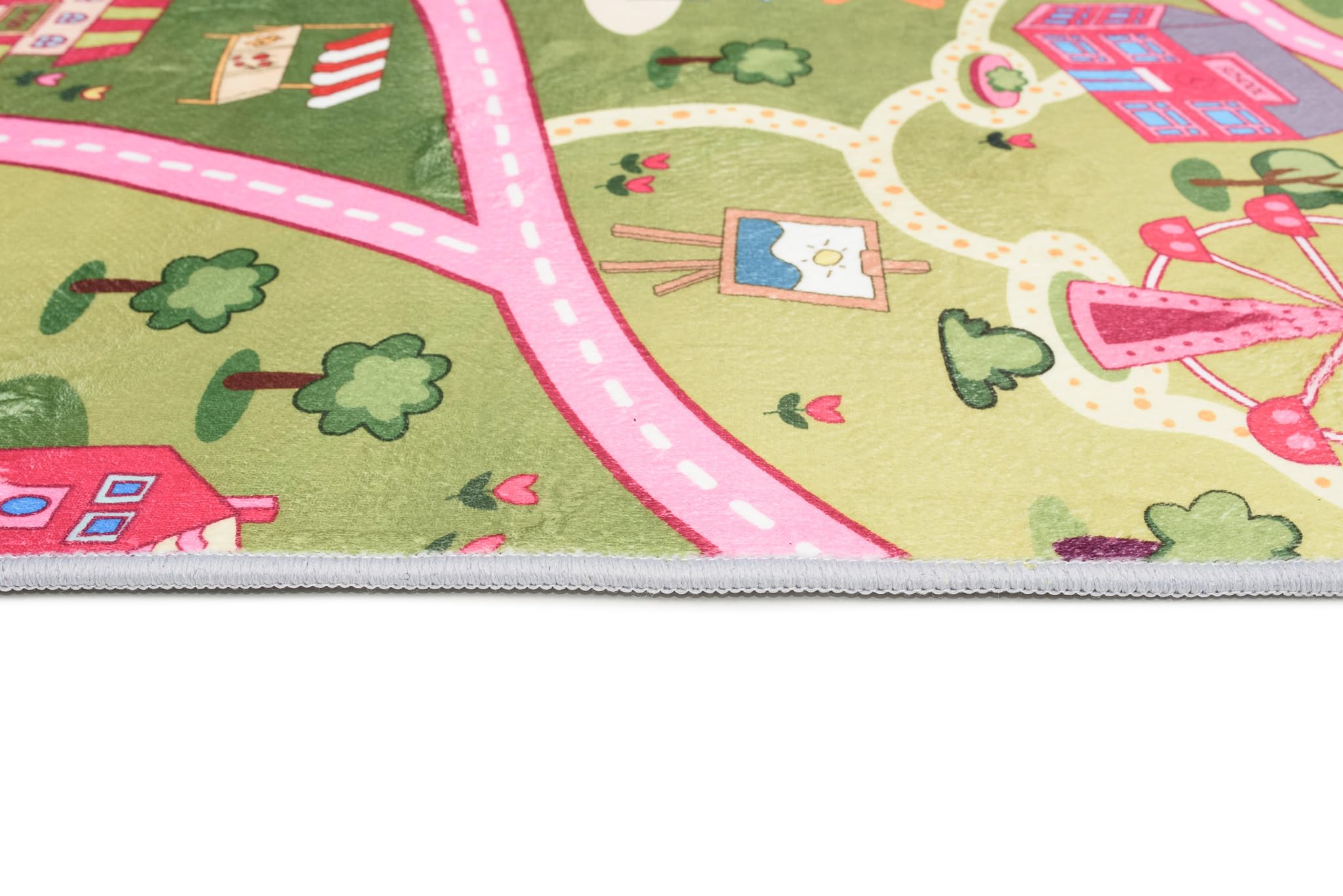 TAPISO Flannel Tapis Chambre Enfant Bébé Fille Garçon Antidérapant Lavable Rose Vert Bleu Blanc Tapis de Jeux Voiture Circuit Route Ville Poils Ras Oeko-TEX Résistant 120 x 170 cm