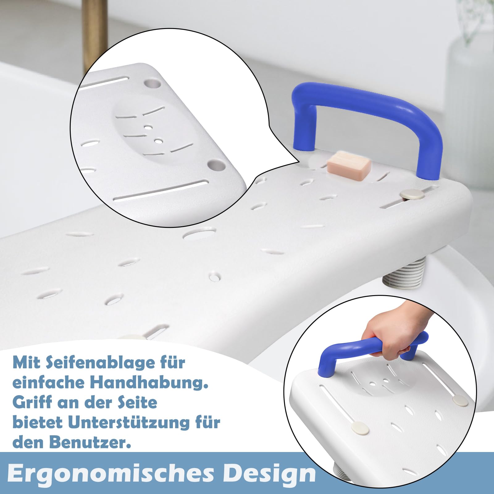 LARS360 Badewannenbrett Badewannensitz Senioren Erwachsene Einstellbar Wannenbrett zum Sitzen Brett für Badewanne Sitzbrett Stuhl für Badezimmer Max 150 kg mit Blau Griff, Weiß