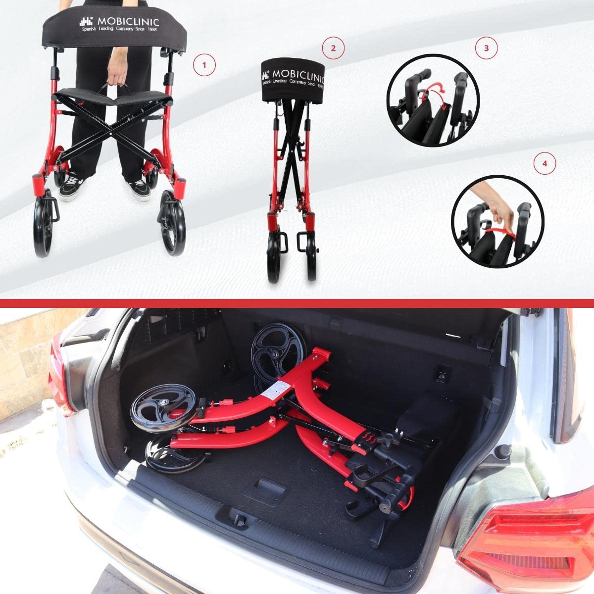 Mobiclinic® pro, Deambulatore per anziani, Pieghevole con una sola mano, Ruote grandi, Doppio sistema di frenata, Invicto, Allterrain, Cestino ampio, Sedile e schienale imbottiti, Altezza regolabile