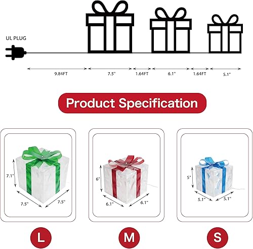 Miniatura 3 de Juego de 3 cajas de regalo iluminadas de Navidad enchufables con 60 luces LED de PVC, adorno para decoraciones de Navidad, interiores y exteriores,
