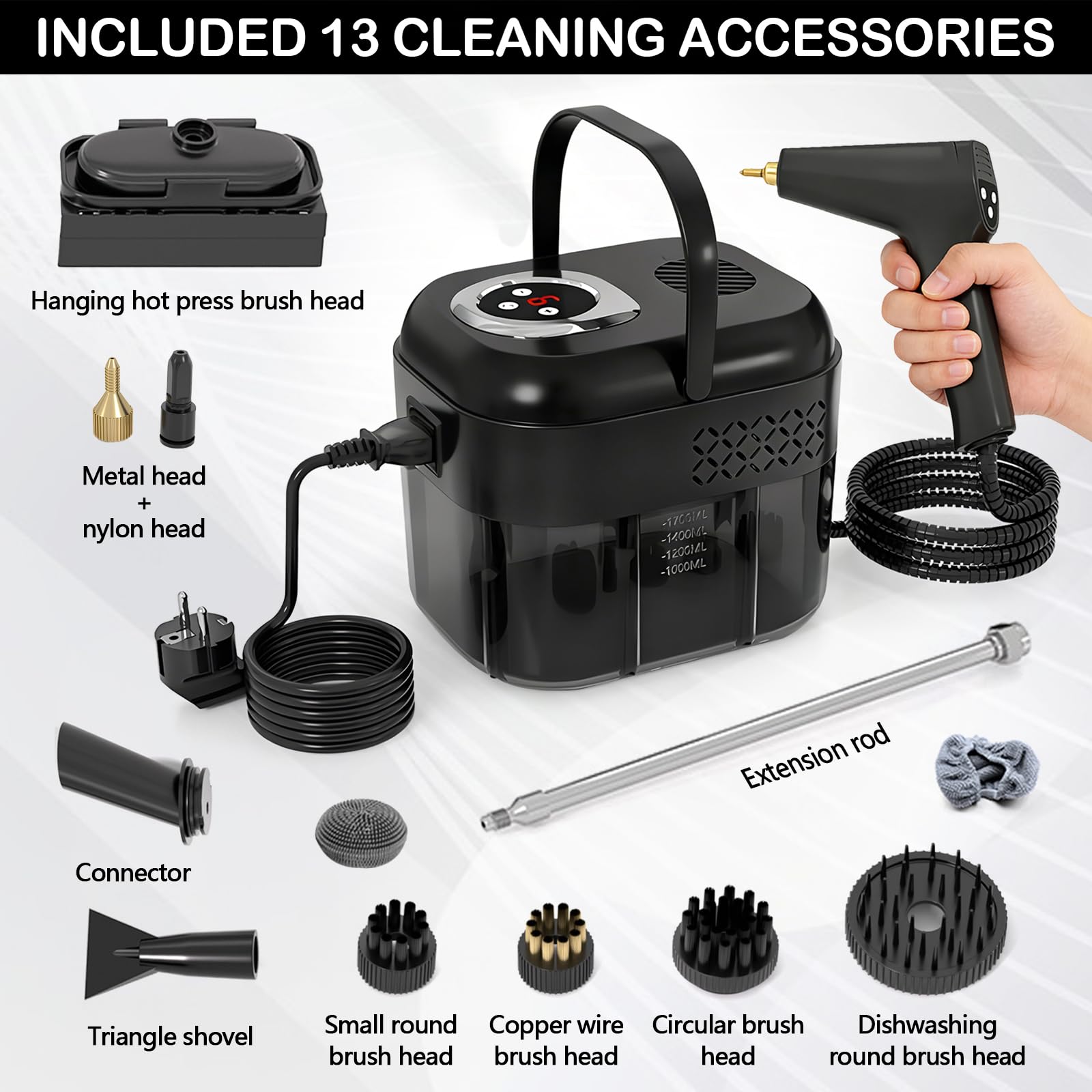 Pulitore a Vapore Portatile, 2500W Pulitore Vapore Casa, Maniglia Regolabile in 6 Livelli, Serbatoio Dell'acqua da 1700ml, Macchina per Pulizia a Vapore per Cucina, Piastrelle, Mobili