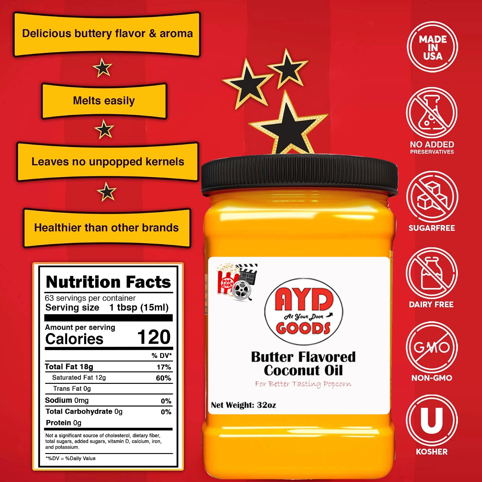 AYD Goods Ultimate Movie Theater Popcorn Kit - Flavacol Salt (35 Oz) & Golden Barrel Butter Flavored Coconut Oil (32 Oz) - Real Theatre Ingredients, Dairy Free, Gluten Free/Vegan, S