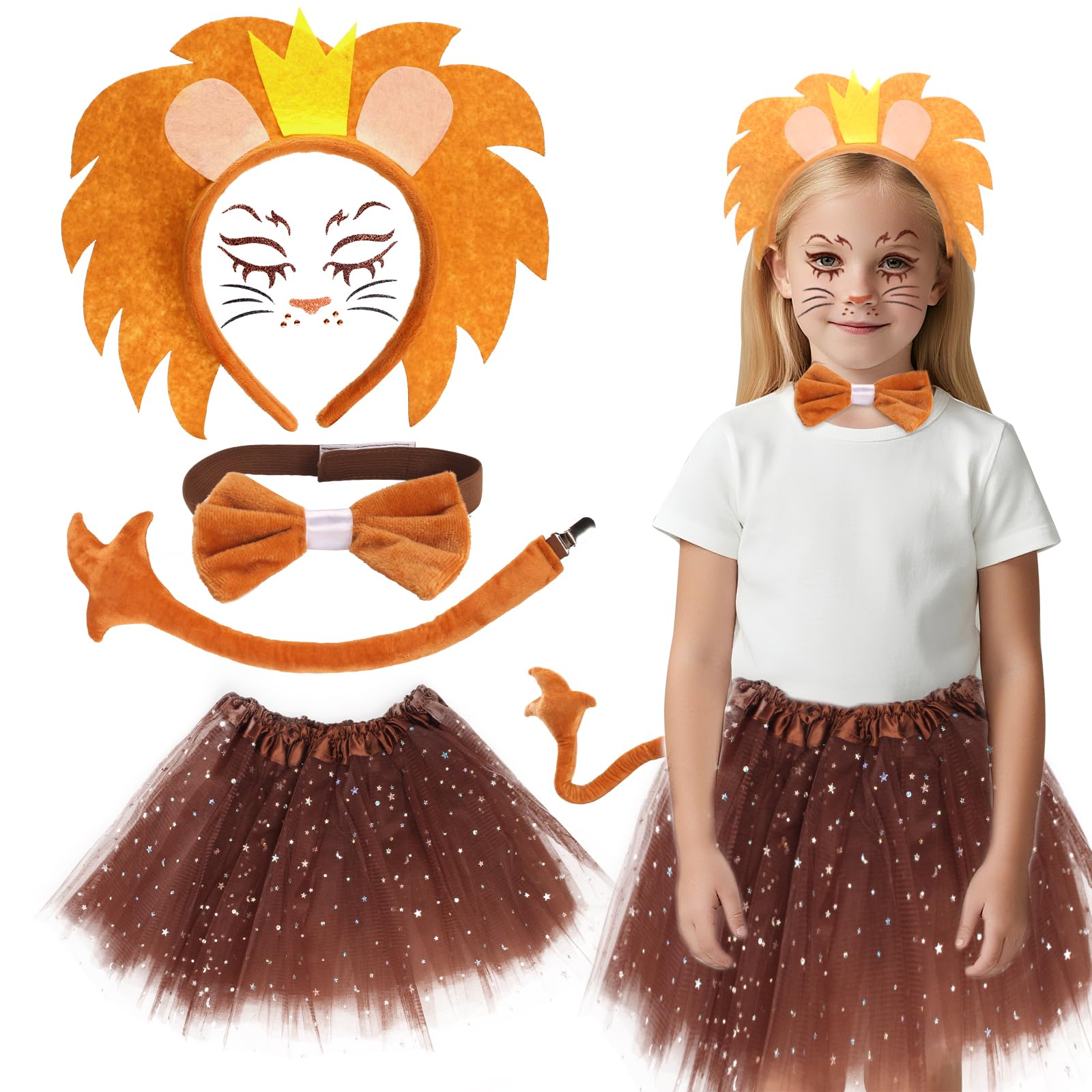 Kyson 5 Pcs Lion Costume Accessories Ears Headband Tail Bow Tie Nose Paw Gloves for Halloween Safari Jungle Zoo Animal Party