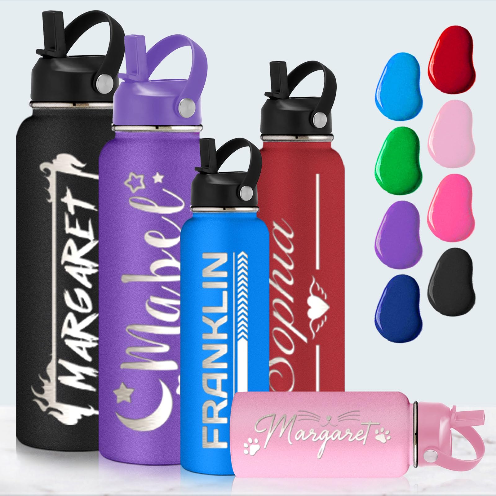 Custom Water Bottle with Name Engraved, Personalised Water Bottles with Straw Lid, Customised Gifts for Women Men (12/18/24/32/40oz)