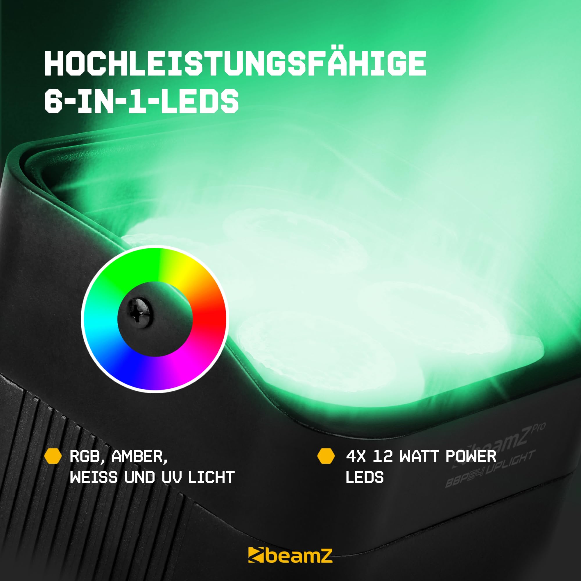 BeamZ Professional BBP54 Uplight 4er Set, Akku LED Strahler 4x12 Watt, DMX, IP65, RGBAW-UV Schwarzlicht, 15h Akkulaufzeit, Akku tauschbar - Schwarz