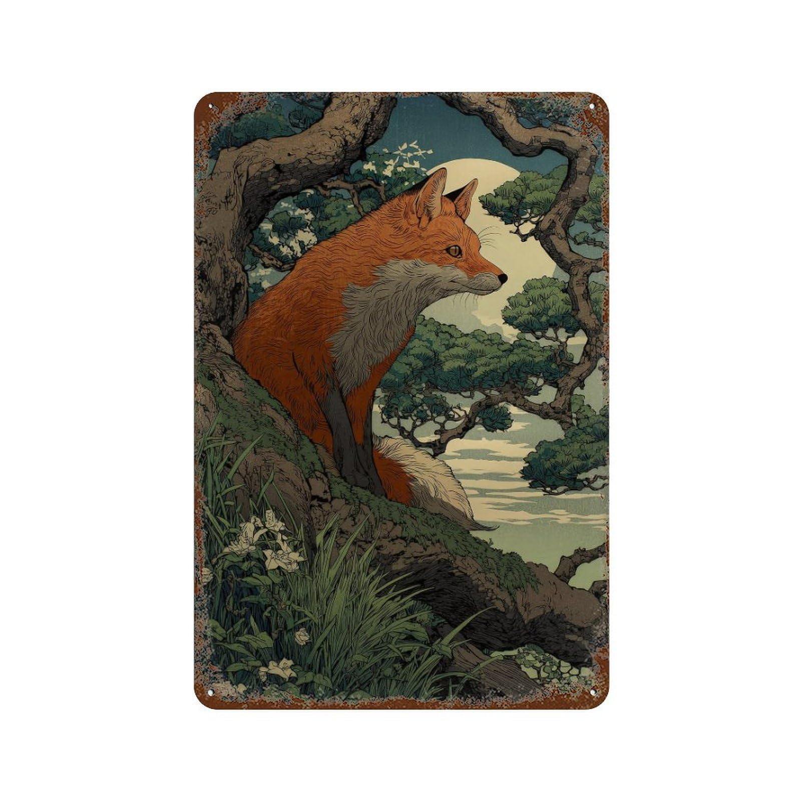 xiaoxiaoshen Red Fox. Japanese Style Ukiyo Wall Decor Art Metal Tin Poster Modern Home Decor Art Home Bar Shop Decorations Vintage Sign 30x20cm