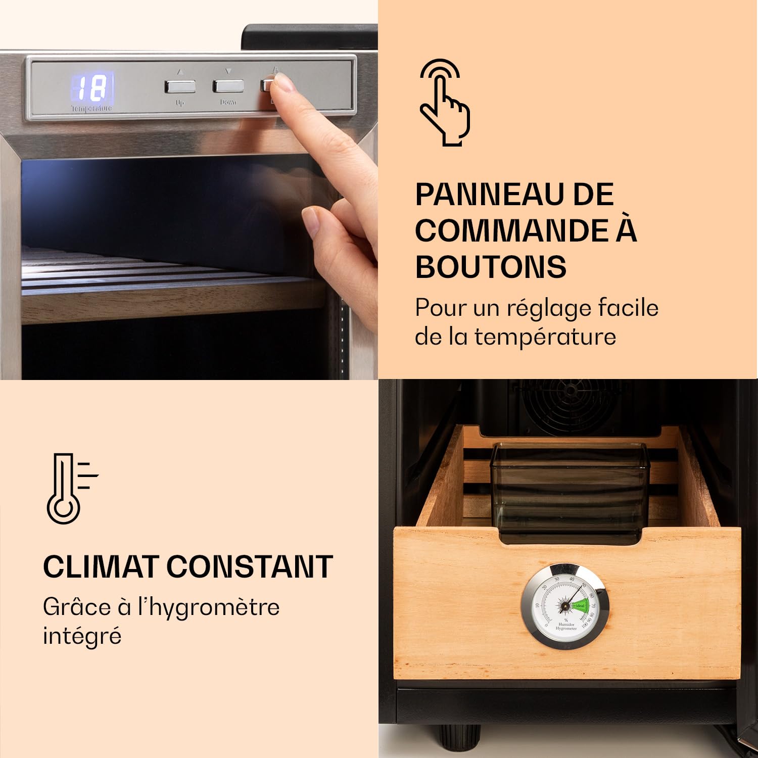 KLARSTEIN El Presidente - Cave à cigares, thermoélectrique, Porte vitrée, sur Pied, tiroirs en Bois de cèdre, hygromètre, éclairage intérieur LED, 23 litres - Argent [Classe énergétique G]