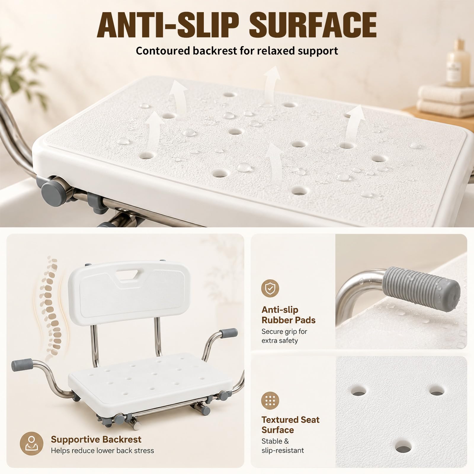 Sedile per vasca da bagno, schienale regolabile in altezza (28-35 cm), antiscivolo, portata 136 kg, larghezza 76-86 cm