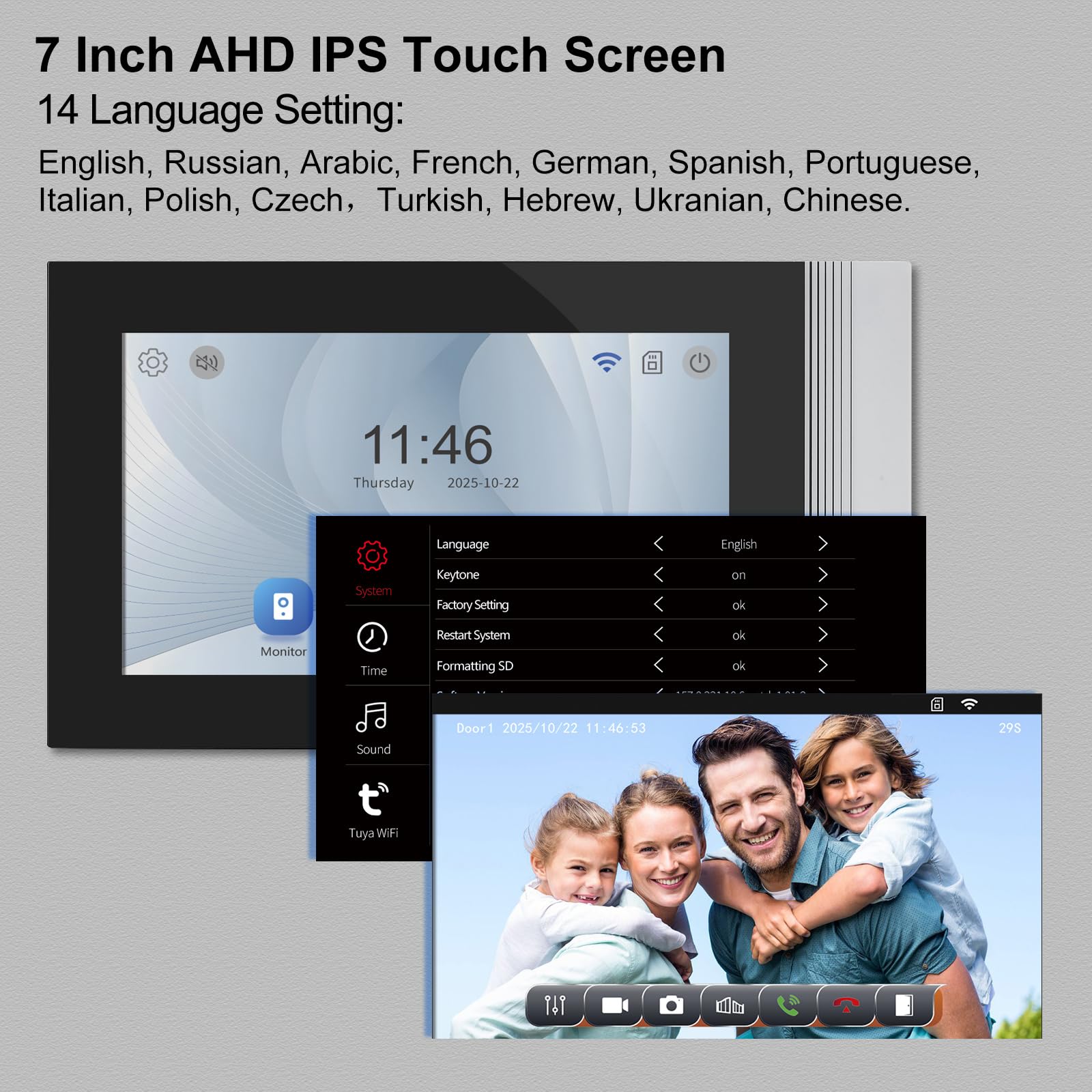 Système Interphone de Sonnerie Vidéo WiFi à 2 Fils, Caméra Vidéo HD 1080P avec Moniteur écran Tactile de 7 Pouces pour la Maison, Vision Nocturne IR, Carte RFID/Tuya APP Déverrouillage