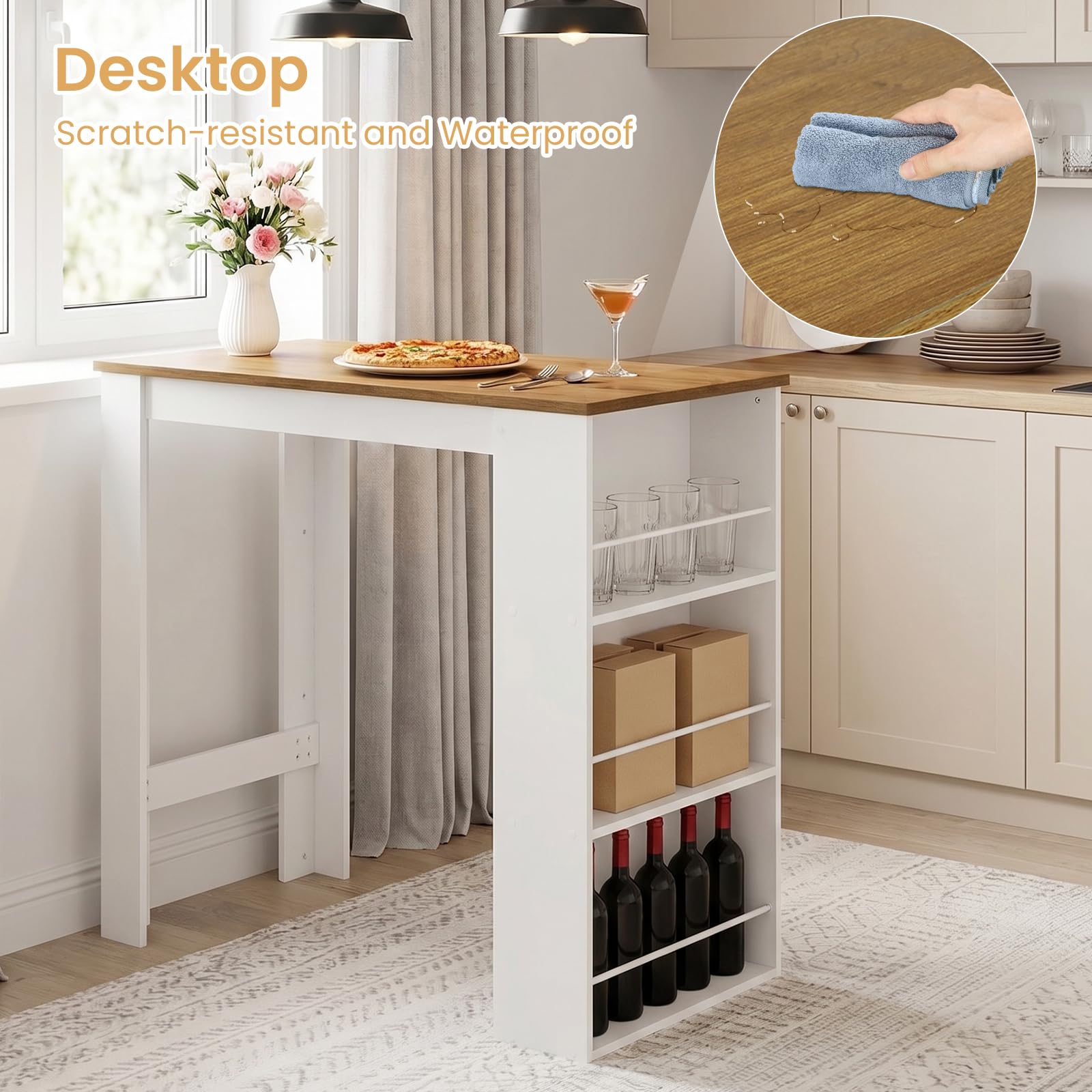 Tavolo da cucina con sedie, rovere scuro + 4 sgabelli alti bianchi | Set sala da pranzo (tavolo con 4 sedie), tavolo bar con vano contenitore per cucine, sale da pranzo e bar