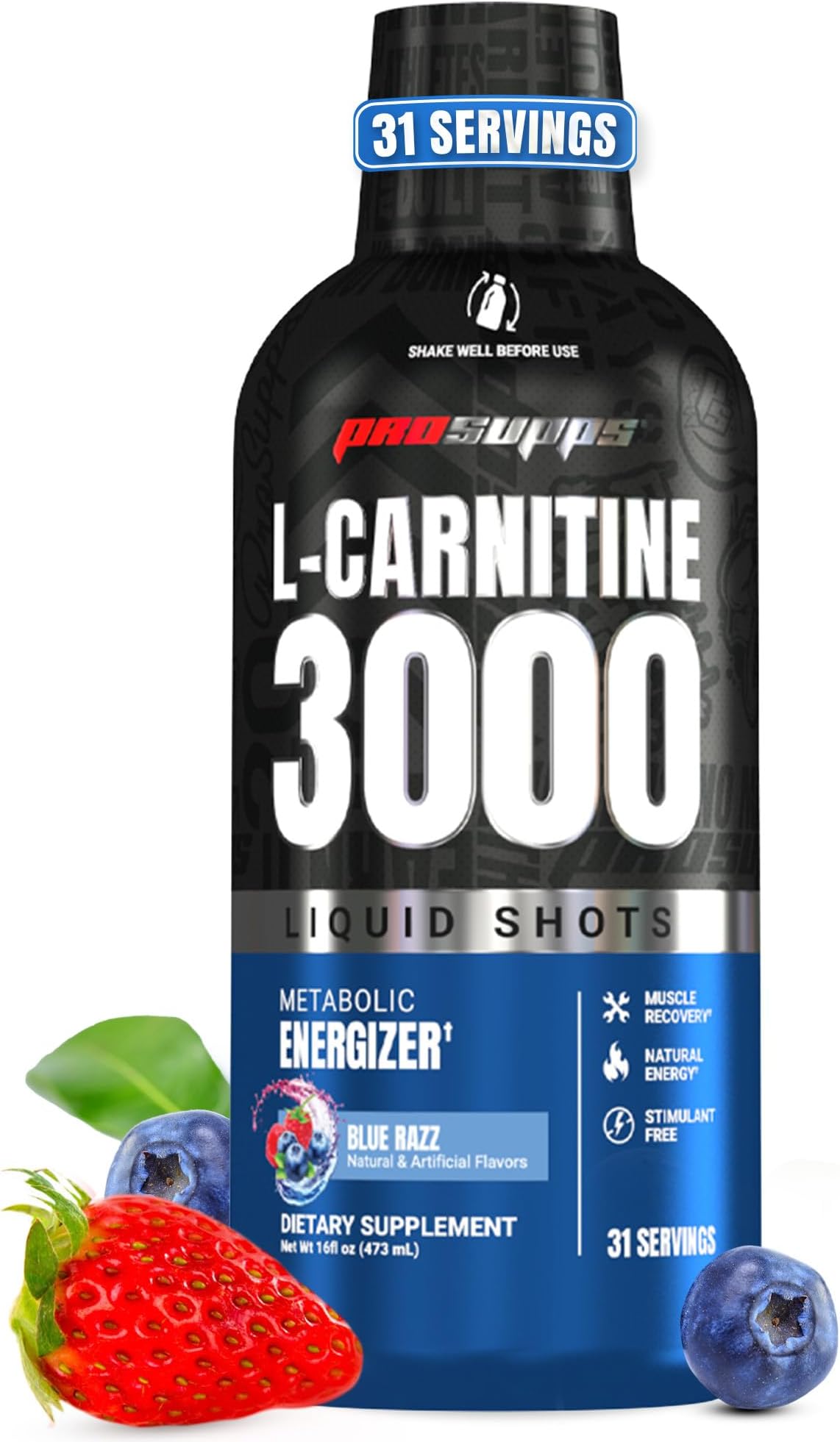 PROSUPPS L-Carnitine 3000 Stimulant Free Liquid Shots for Men and Women - Metabolic Energizer Workout Drink for Performance and Muscle Recovery (Blue Razz)
