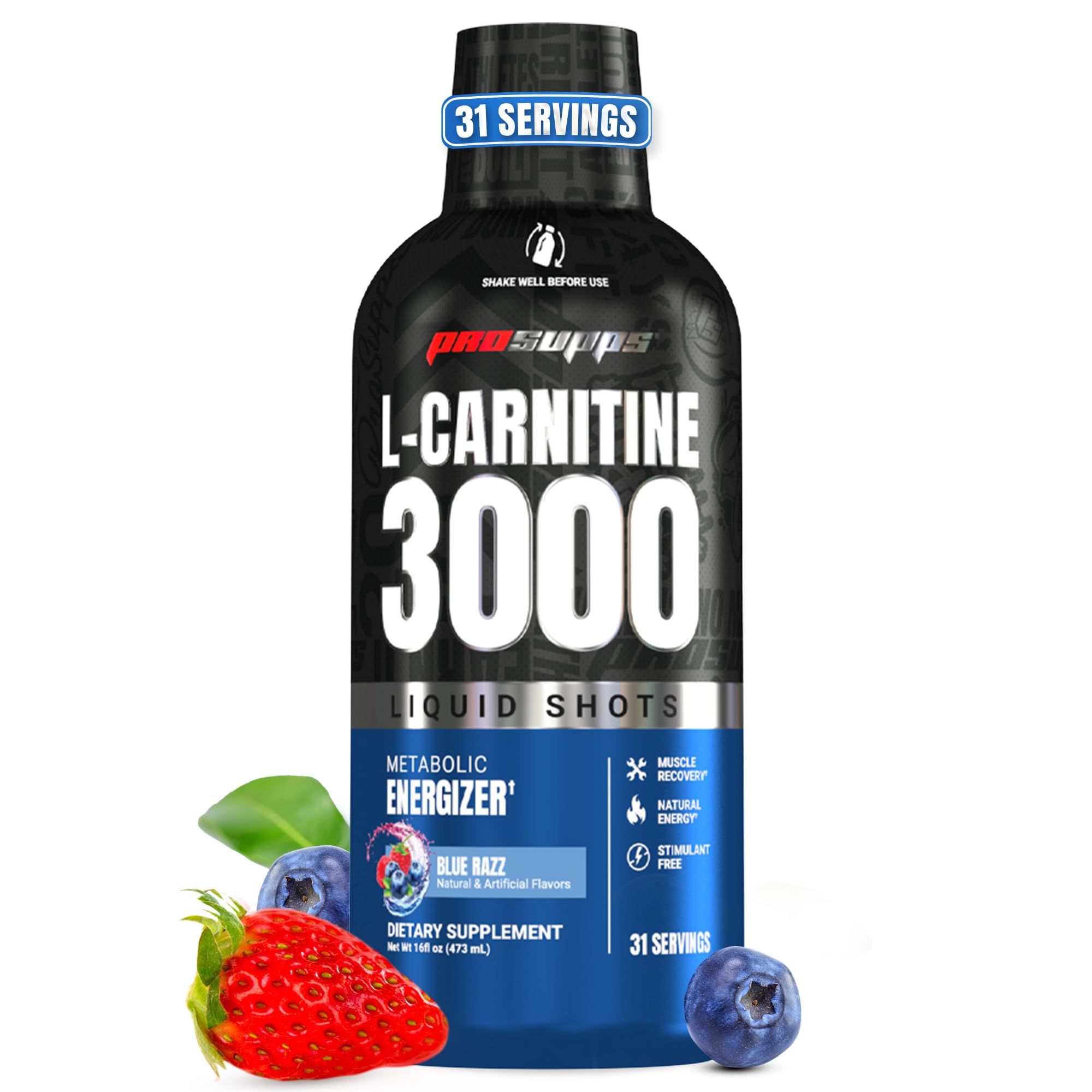 PROSUPPS L-Carnitine 3000 Stimulant Free Liquid Shots for Men and Women - Metabolic Energizer Workout Drink for Performance and Muscle Recovery (Blue Razz)
