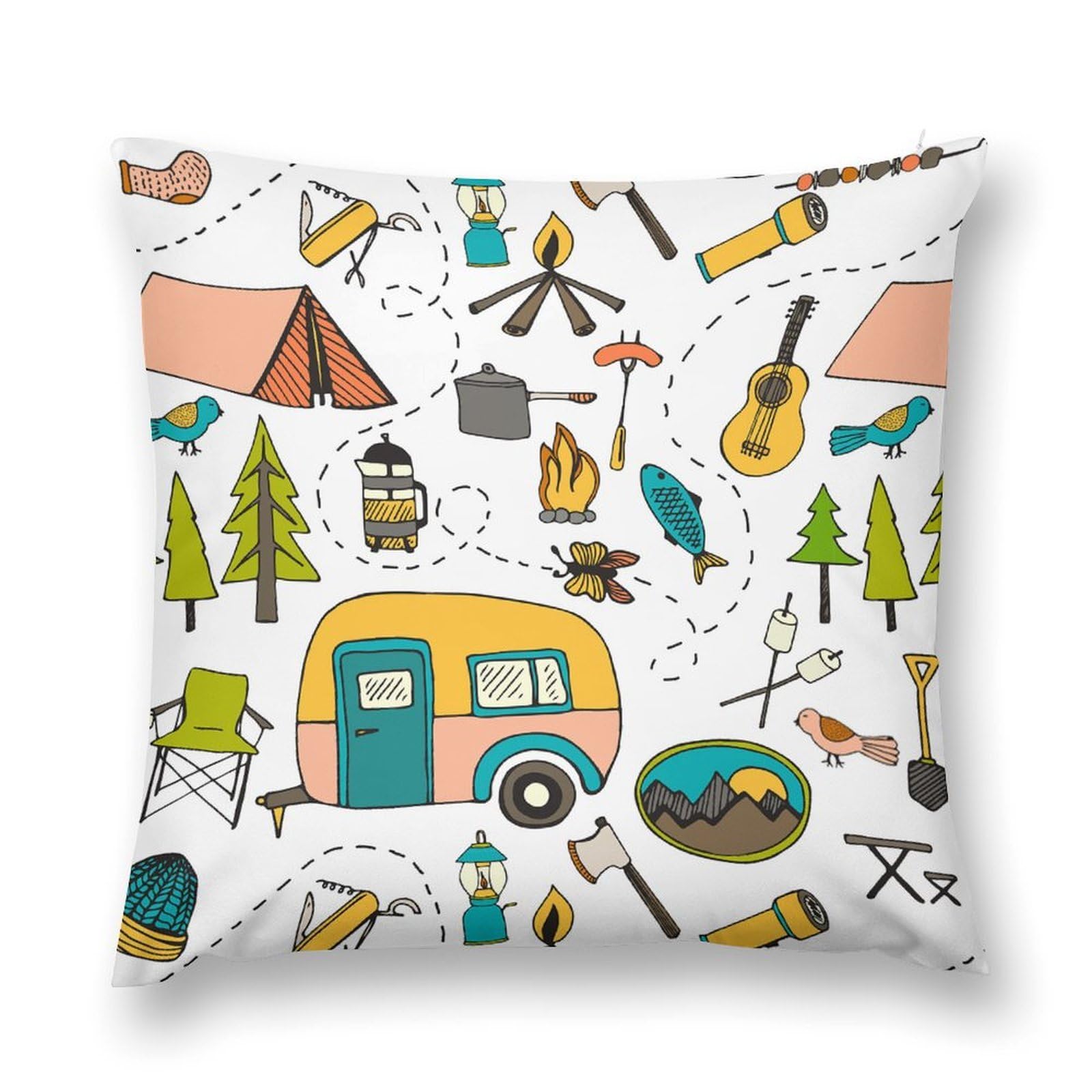 moderw Kids Cartoon Camper Throw Pillow Cover, Retro Rustic RV Travel Trailer Camping Theme Couch Sofa Pillowcases Farmhouse Happy Camp Cushion Case Decoration for Home Bed 18x18inch