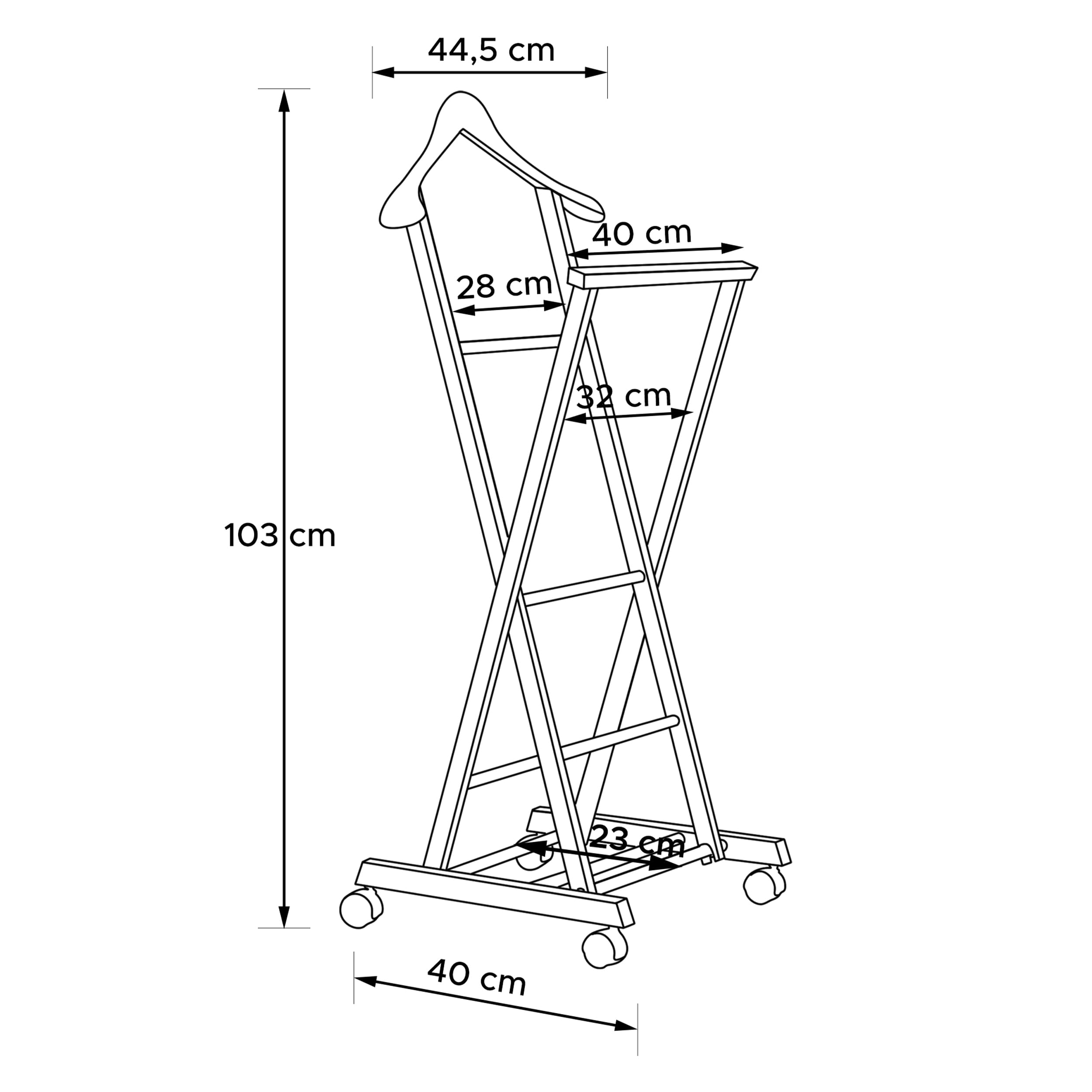 konsimo klappbarer Herrendiener - Kleiderständer aus Massivholz, für Jacken, Hosen, Gürtel und Krawatten, ideal für Schlafzimmer und Ankleideraum (Braun, Rollständer 44,5x103x40