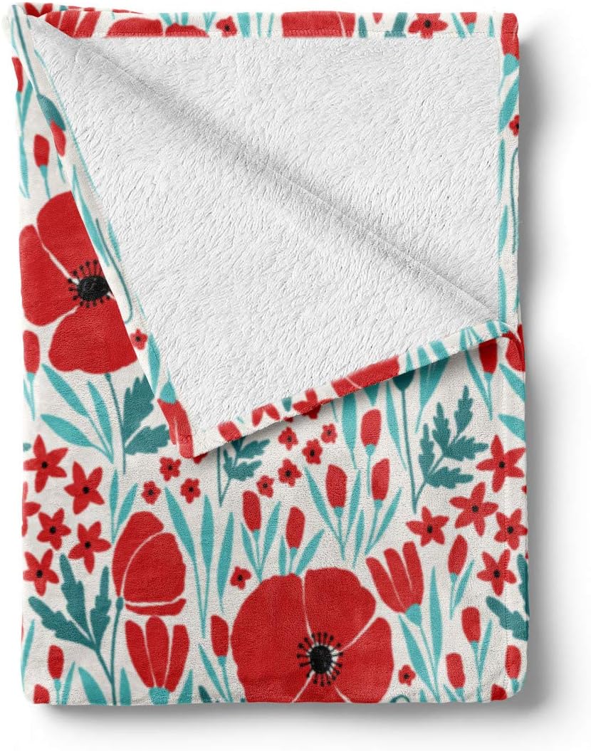 Lunarable Meadow Throw Blanket, Warm Toned Poppy Blossoms Rural Revival Spring Flowers Leaves Motif, Flannel Fleece Accent Piece Soft Couch Cover for Adults, 70" x 90", Vermilion Turquoise