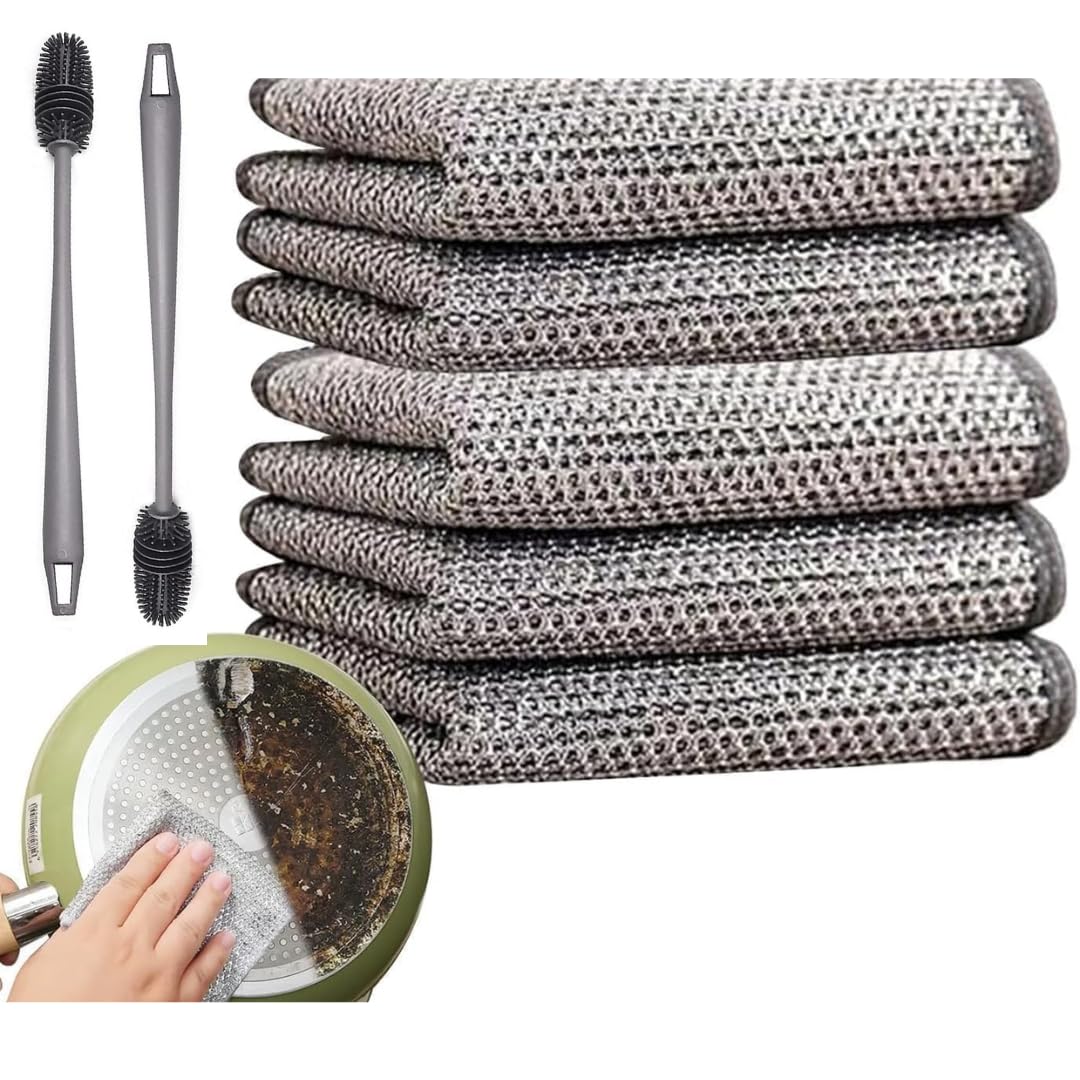 5 Pcs Non-Scratch Wire Dishcloth & 1 Pcs Bottle Cleaning Brush Silicone Long Handle - Non Scratch Dish Wash Cloth - Non Scratch Wire Dish Sashing Rags - Non Scratch Dish Wash Cloths for Kitchen (B0D1GTDPKD) Amazon Price History, Amazon Price Tracker