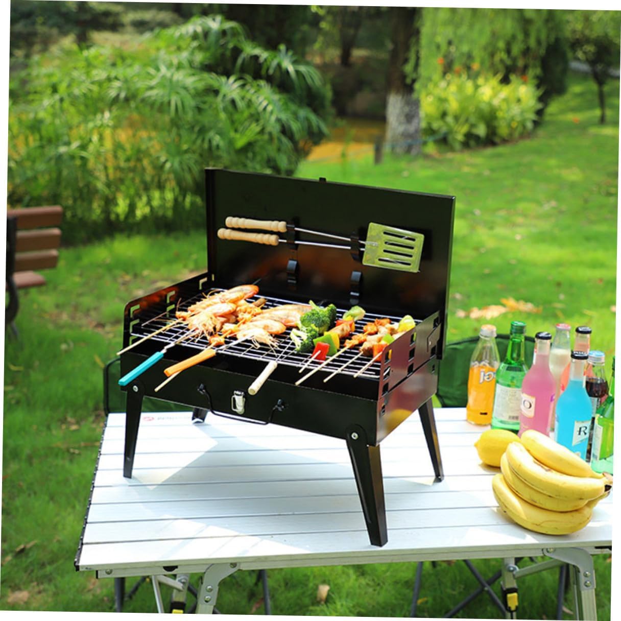 Portable Folding Bbq Grill 44x27x47cm Stainless Steel Outdoor Camping Barbecue Stove with Barbecue Tools Portable Camping Grill for Tailgating and Picnic