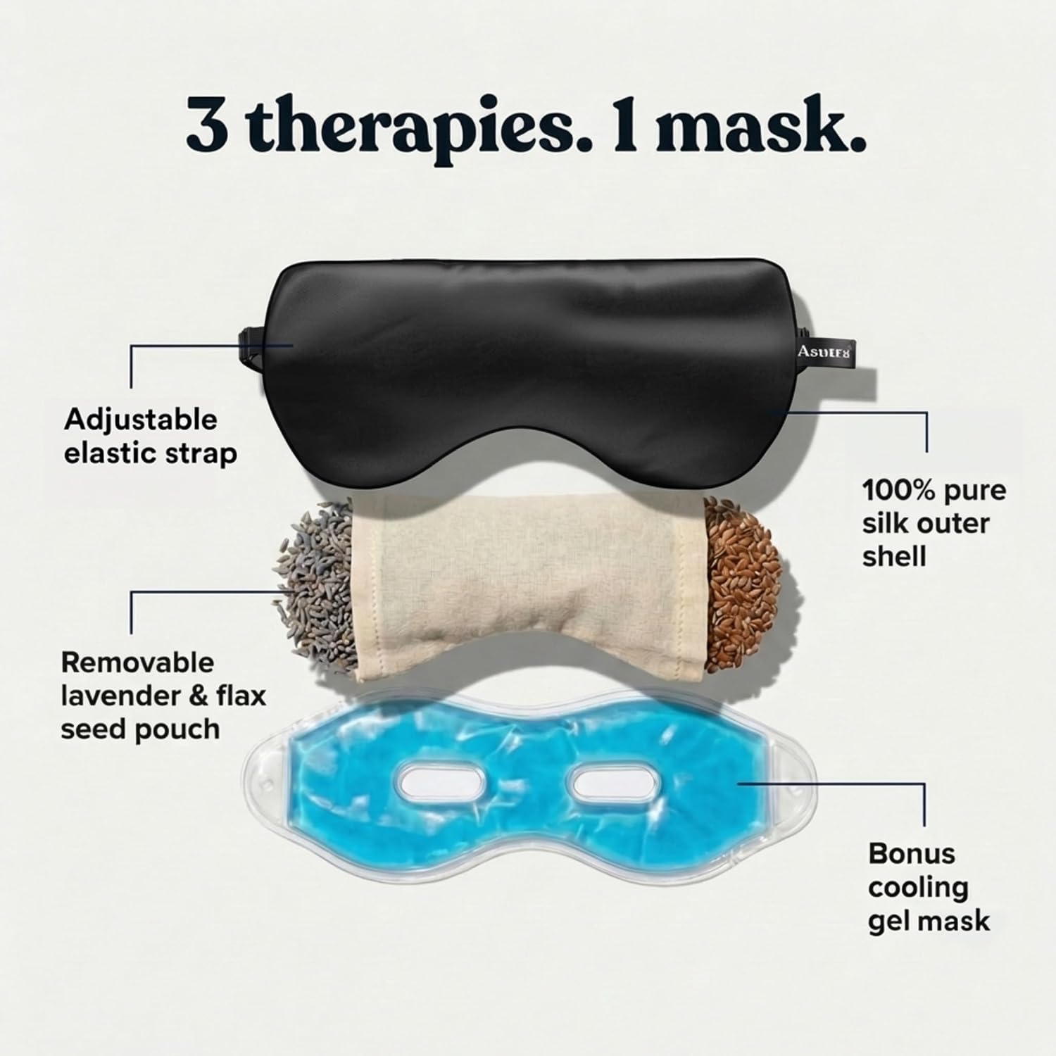 ASUTRA Silk Eye Pillow for Sleep, Black - Filled w/Lavender Buds & Flax Seeds, Weighted Eye Mask, Meditation & Light Blocking Blindfold, Cooling Gel Mask Included