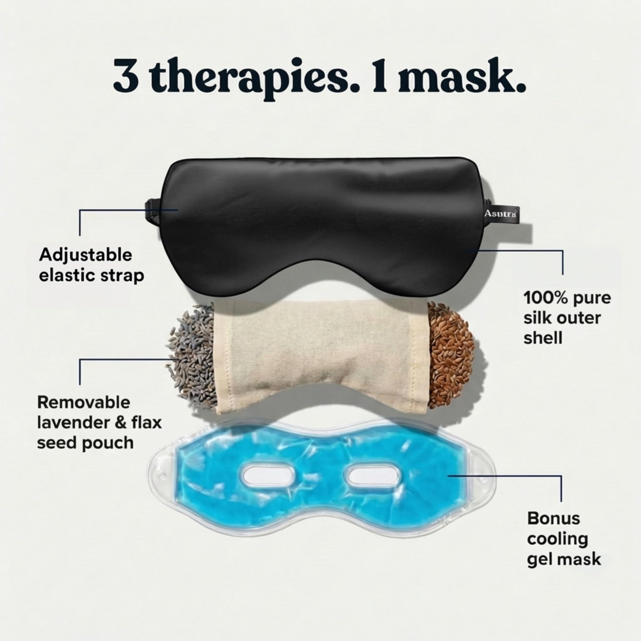ASUTRA Silk Eye Pillow for Sleep, Black - Filled w/Lavender Buds & Flax Seeds, Weighted Eye Mask, Meditation & Light Blocking Blindfold, Cooling Gel Mask Included