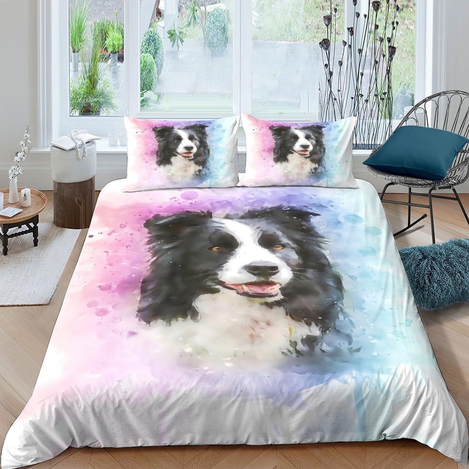 Ctjqhvkz Style-6 3D Printed Watercolor Border Collie Fitted Sheet Microfiber Soft Mattress Cover Bedroom Dorm Decor Anti-Slip Washable Single（135X200cm）