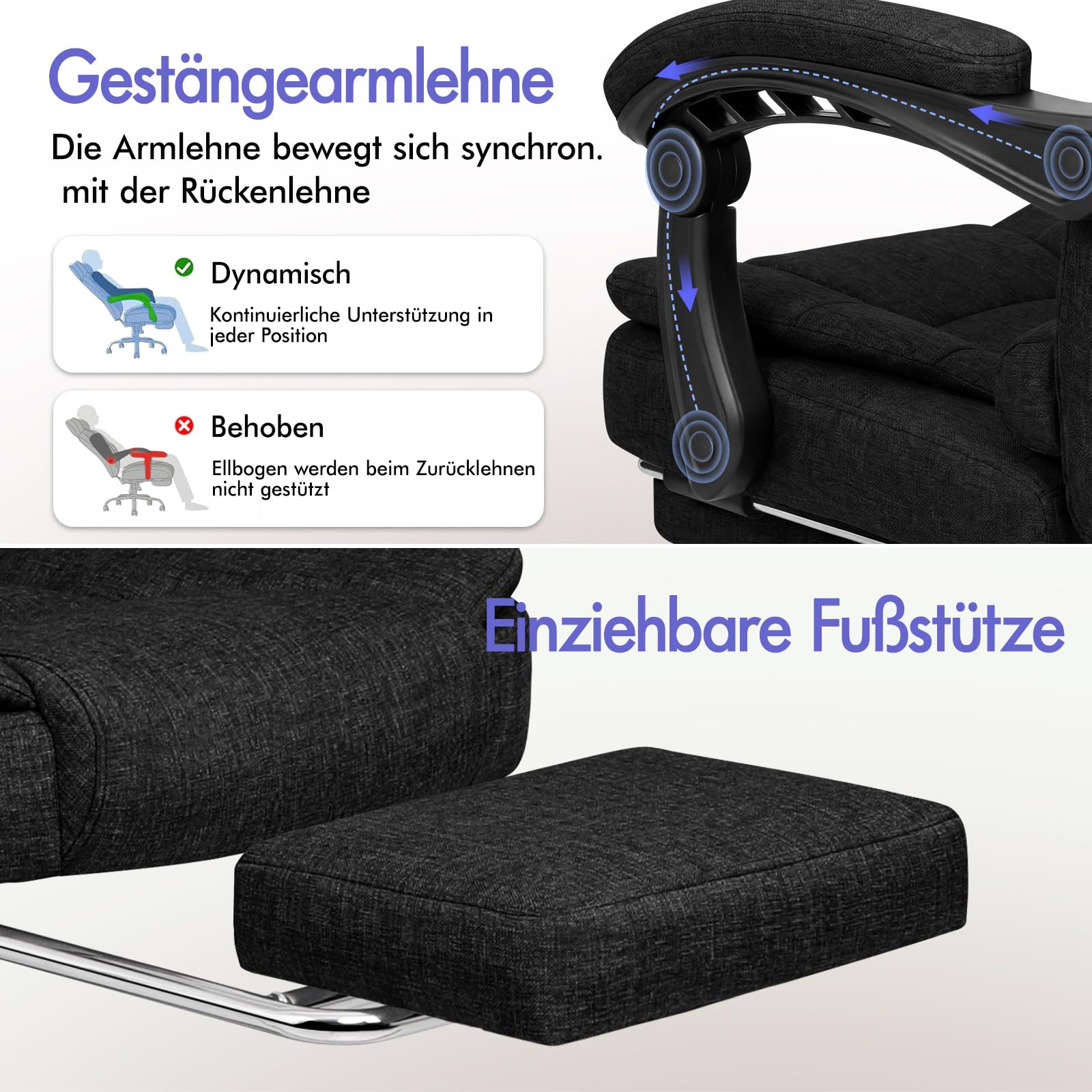 ALFORDSON Bürostuhl Chefsessel Massage Ausziehbare Fußstütze, höhenverstellbarer Schreibtischstuhl 150°-Neigung, ergonomischer Drehstuhl, Computerdrehstuhl,belastbar 180 kg, Leinen, Schwarz