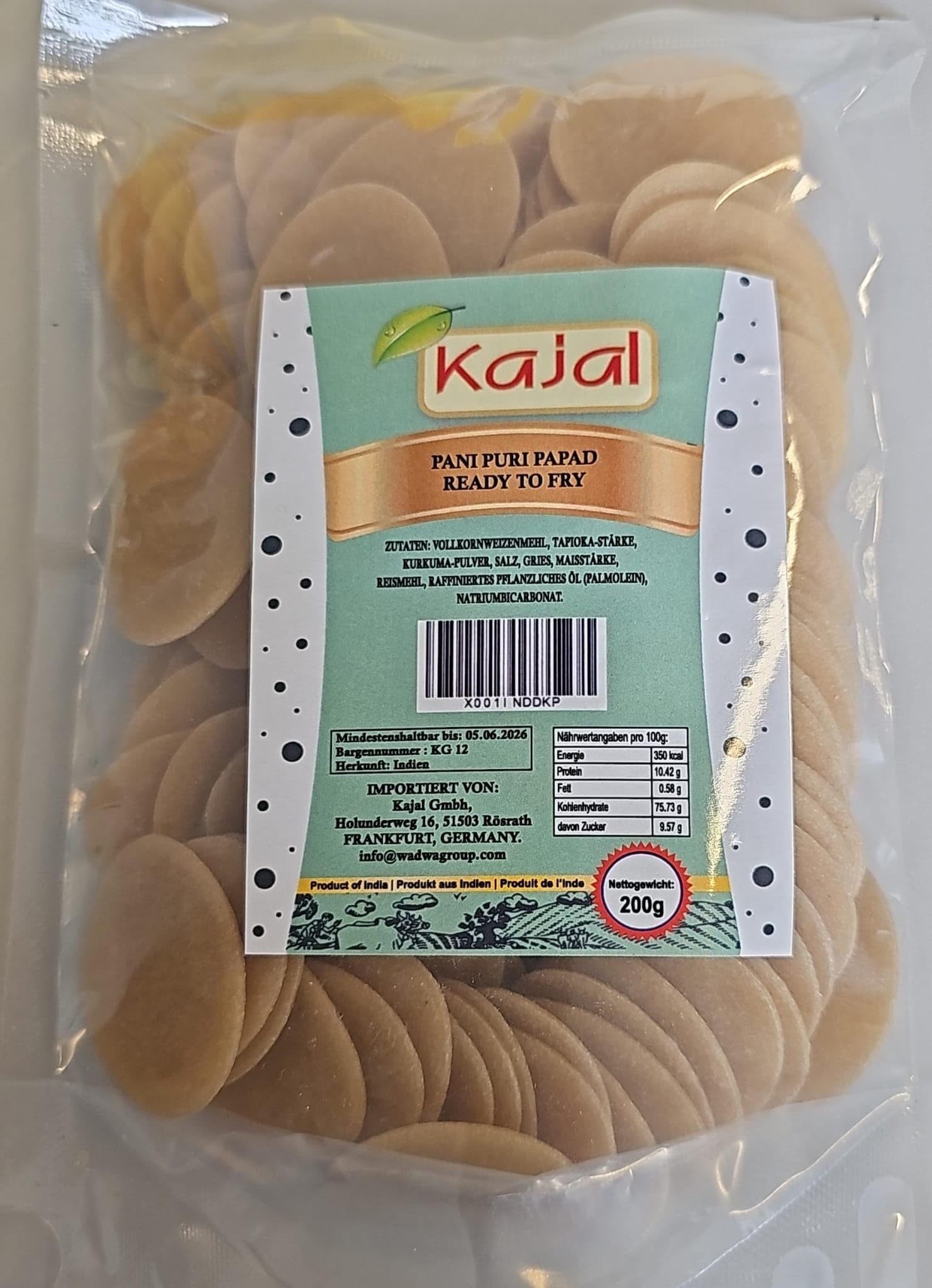 Kajal Pani Puri Golgappa para Freír con Masala Fresh Papad, Higiénico y Delicioso, Listo para Freír (1 x 200 g) - Snacks Indios Auténticos, Perfectos para Fiestas y Reuniones