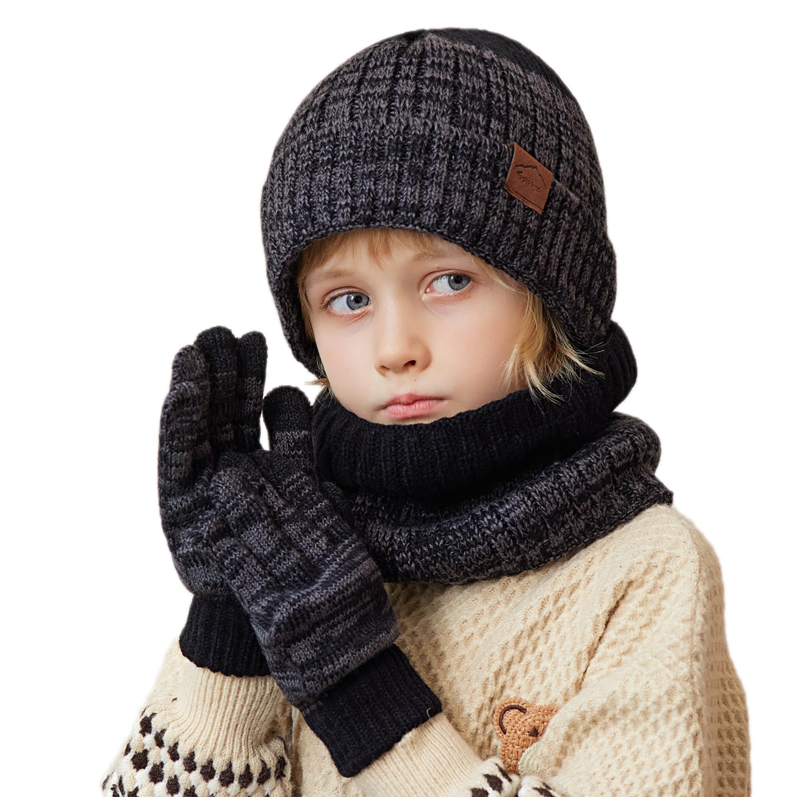 MAZELIKEHOOD Cappello Sciarpa Guanti per Bambino Set 3 Pezzi Invernale per Ragazzi Ragazza Caldo Cappuccio con Paraorecchie Sciarpa e Guanti per Neve Regalo di Natale per Bambini 4-10 Anni