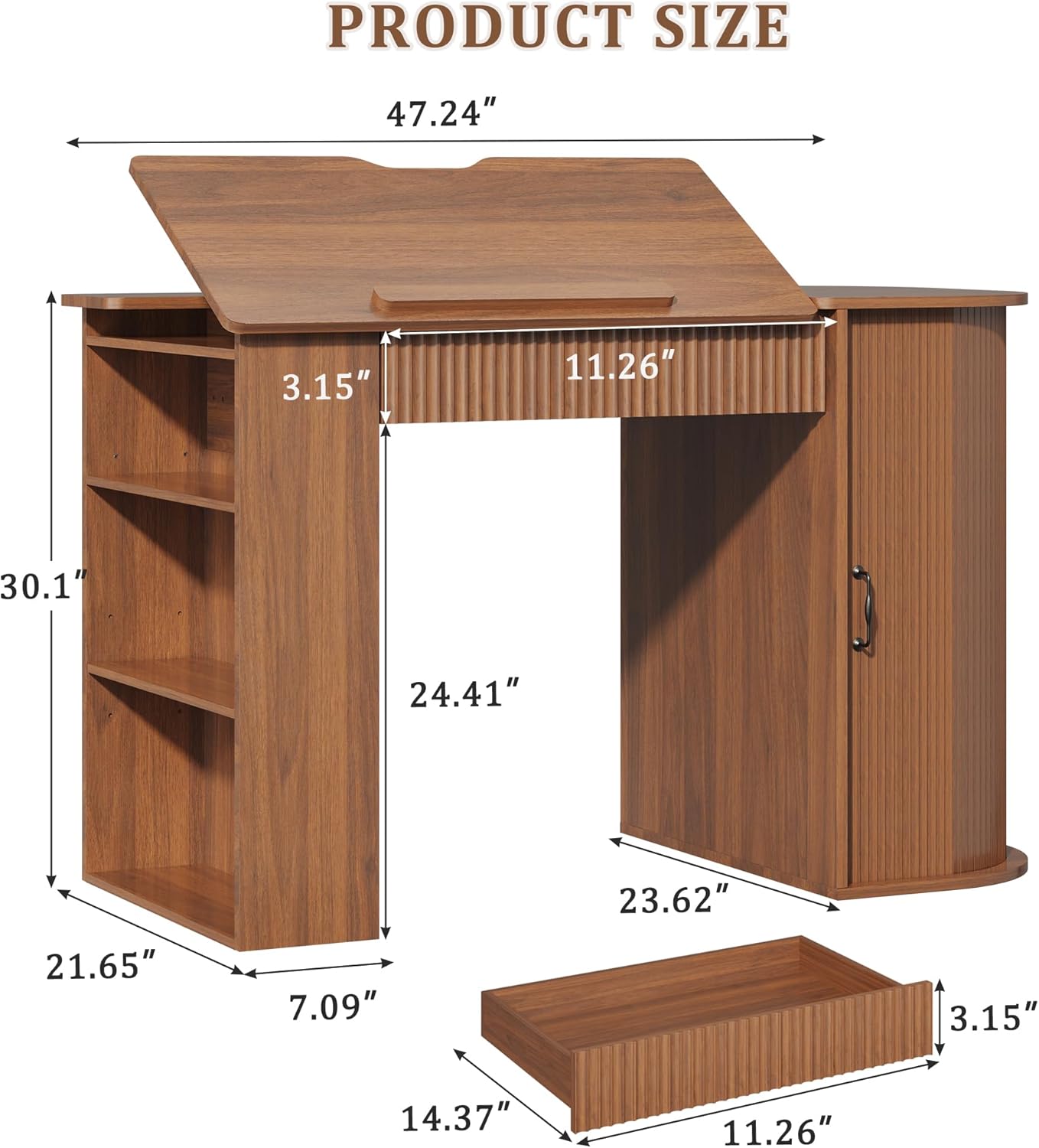 Drafting Table with Storage Cabinet & Drawers, Crafting Table with Open Shelves, Fluted Drawing Desk Computer Desk for Artists, Painters, Drawing, Crafting, Reading, Writing, Working