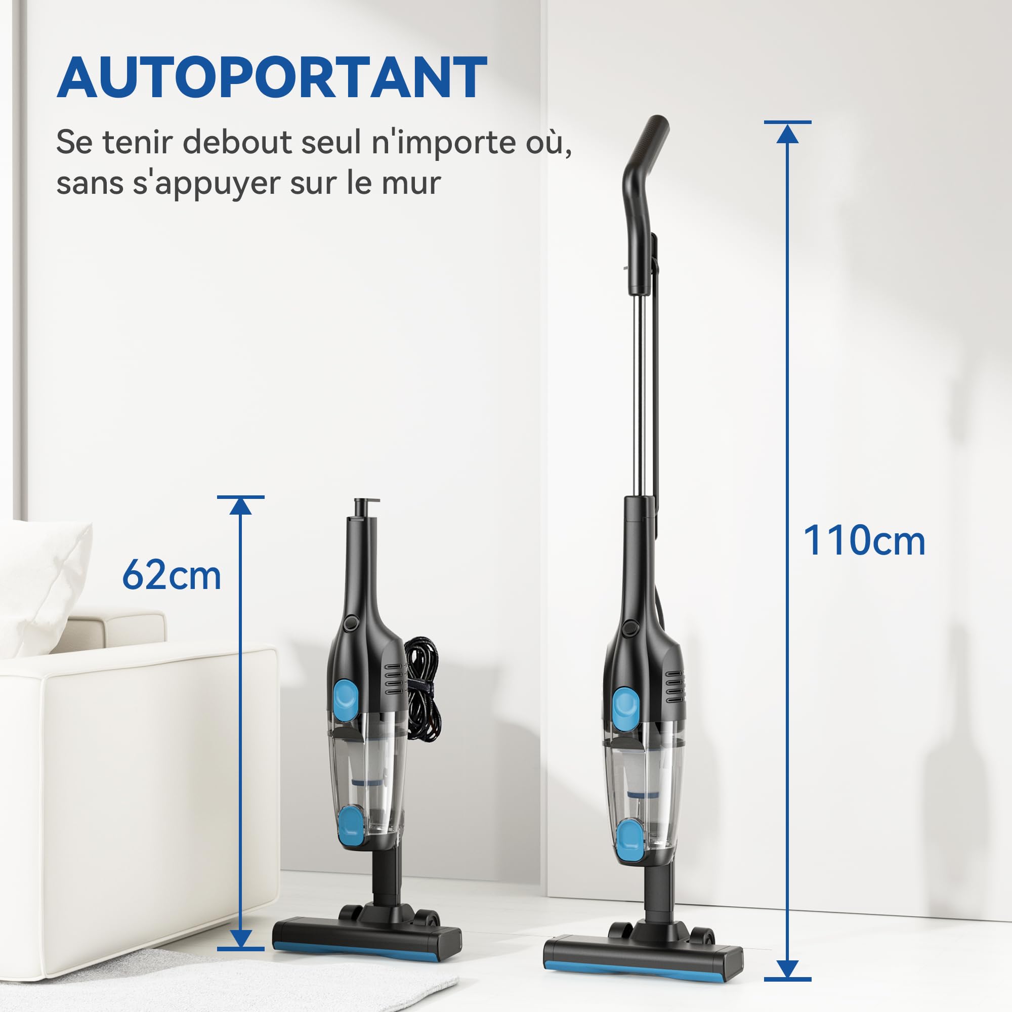 Aspirapolvere scopa cablato, aspirapolvere scopa con filo potente, 3 in 1, aspirapolvere verticale, 600 W 20000 Pa, aspirapolvere senza sacchetto con cavo lungo, leggero portatile per peli di animali