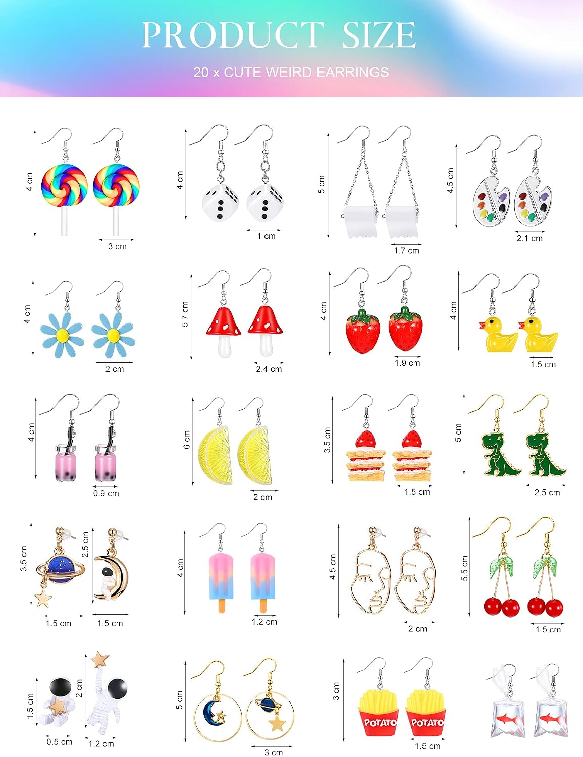 Hicarer 20 Pairs Cute Weird Earrings Funny Dangle Drop Earrings for Women Include Gummy Candy Bear Milk Goldfish Cartoon Fruits Flowers Animals for Birthday
