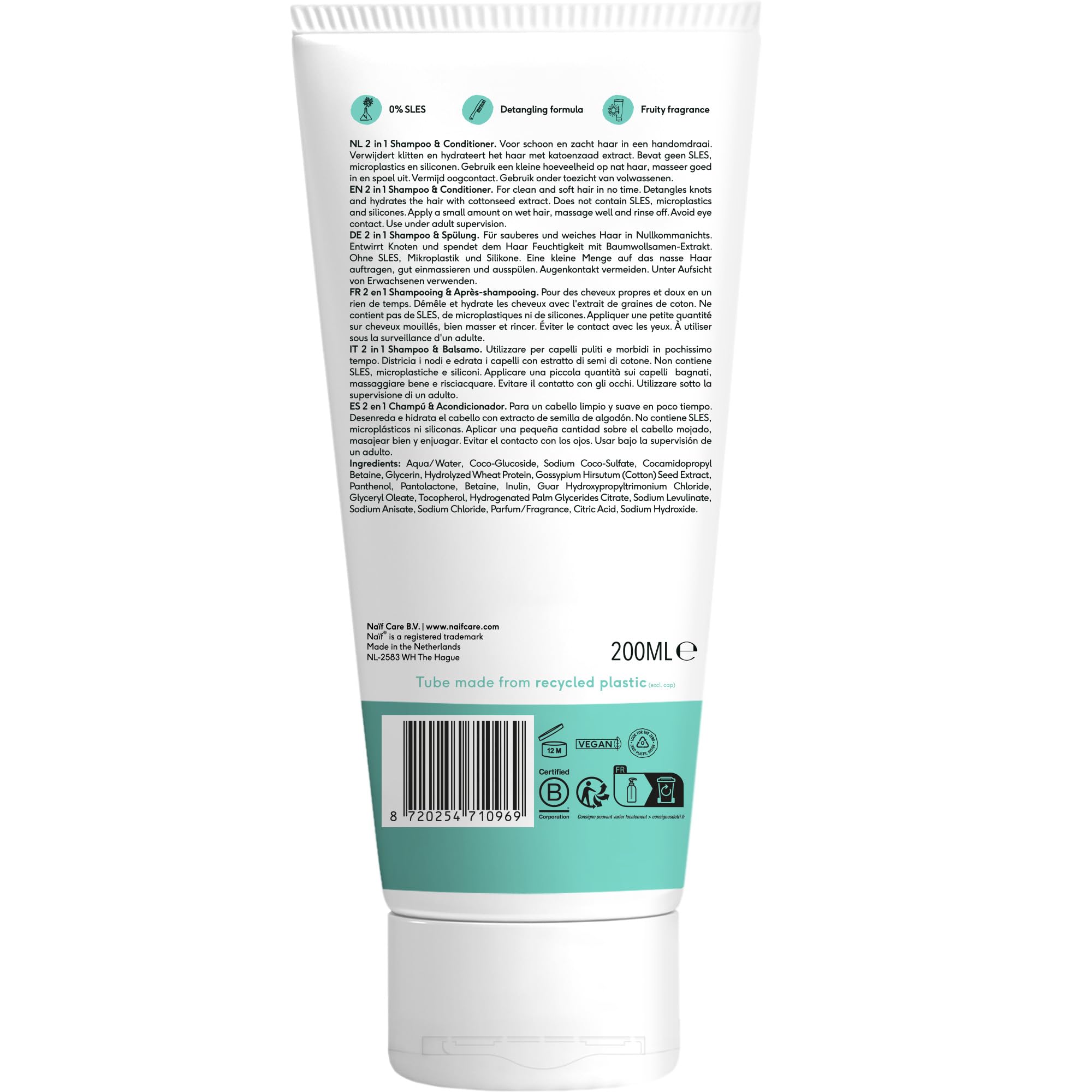 Naïf Shampoing & Après-Shampoing 2 en 1 Bébé & Enfant – 0% parfum, doux, sans SLES, microplastiques ni silicones, testé dermatologiquement – 200 ml