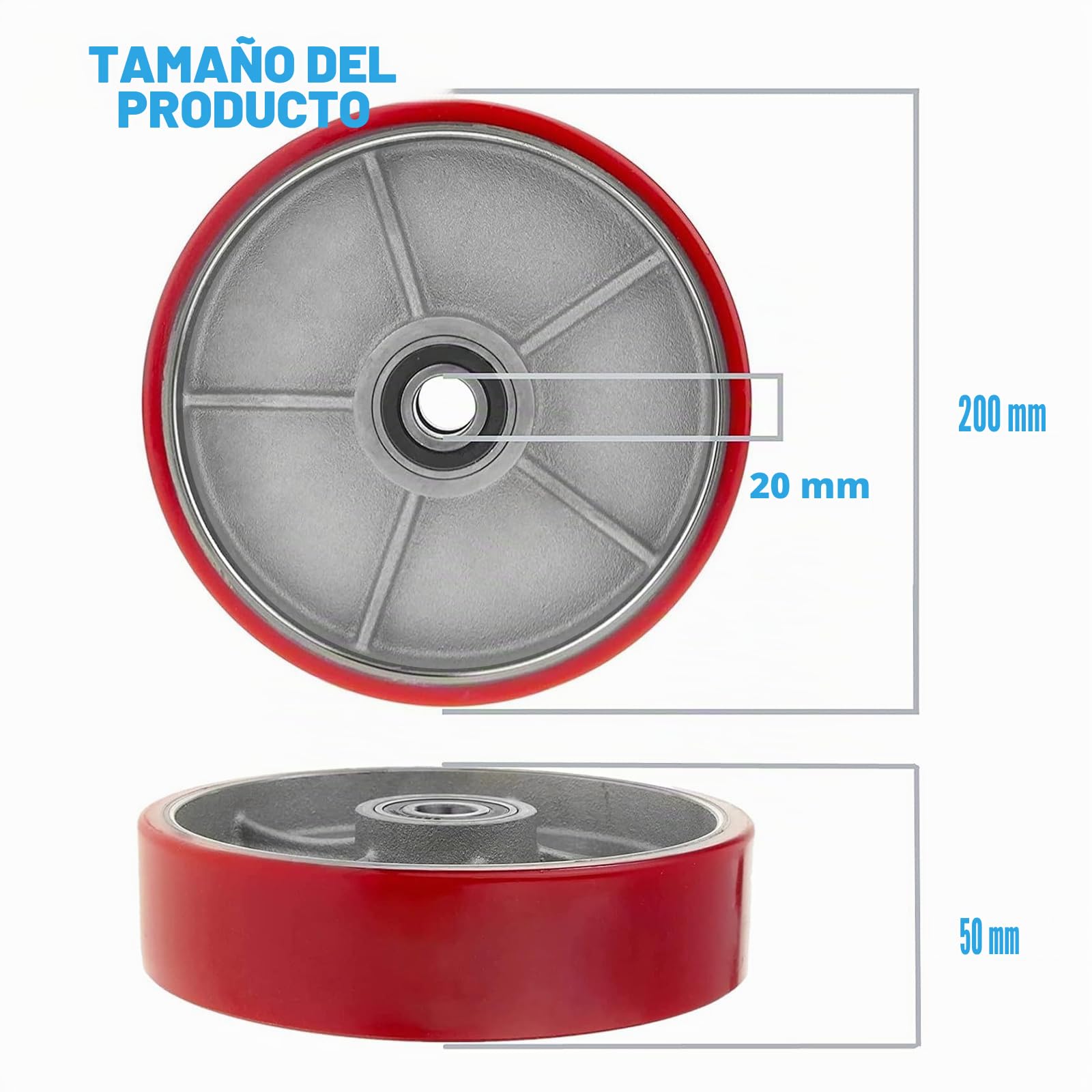 2 piezas de ruedas de transpaleta de poliuretano 200 x 50 mm, eje de 20 mm incl. rodamientos, ruedas de repuesto para transpaletas, carga máxima 3000 KG